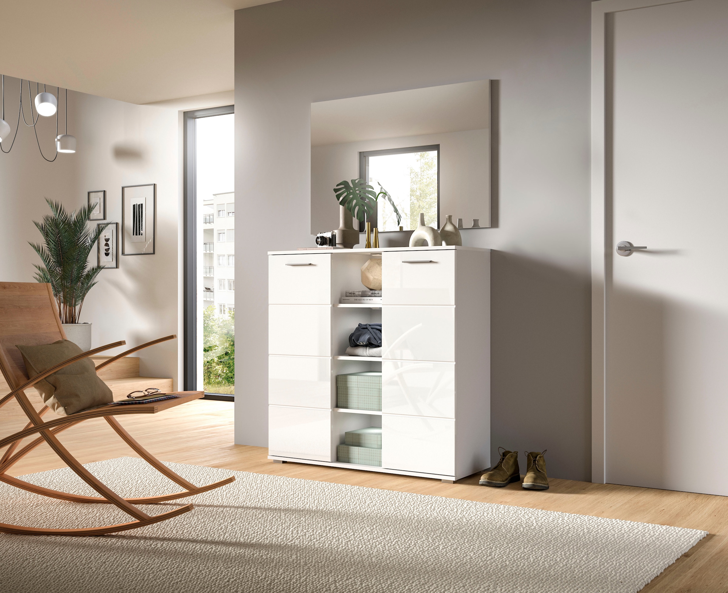 INOSIGN Garderoben-Set »Valge, Breite 110 cm, 2-tlg. Set, bestehend aus: Highboard und Spiegel«, (2 St.), Garderobenkombination, Dielen Set, Flur Set, Kombination