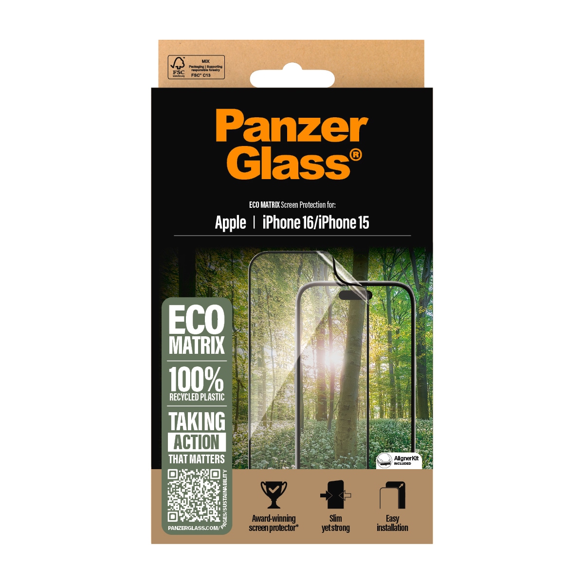 PanzerGlass Displayschutzfolie »ECO MATRIX Screen Protection«, für Apple iPhone 16-Apple iPhone 15, Displayschutz, Schutzfolie, Bildschirmschutz, kratz- & stoßfest