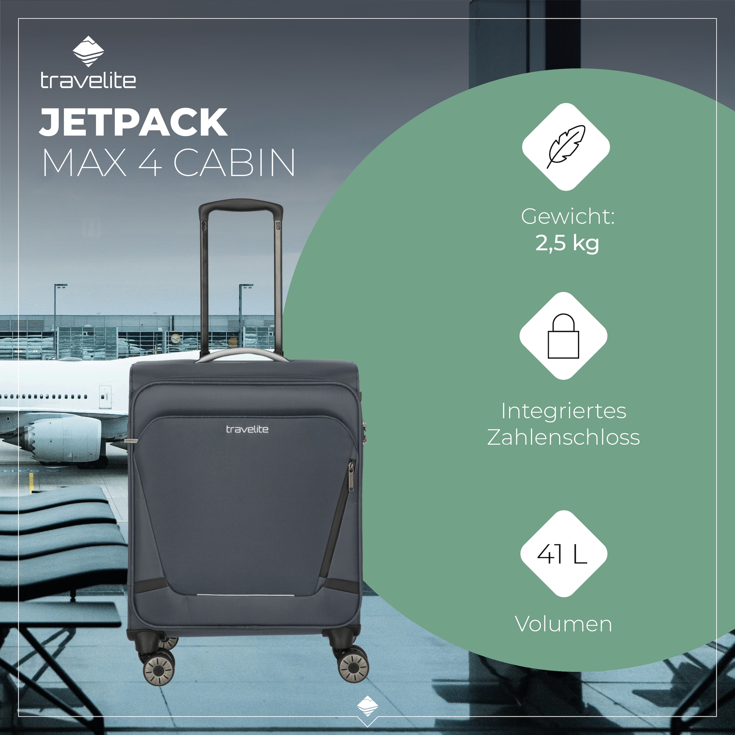 travelite Handgepäck-Trolley »JETPACK Max 4 Cabin, konzip. für Lufthansa, Austrian Airlines & Swiss«, 4 Rollen, Weichgepäck-Koffer Handgepäck für die meisten gängigen Airlines