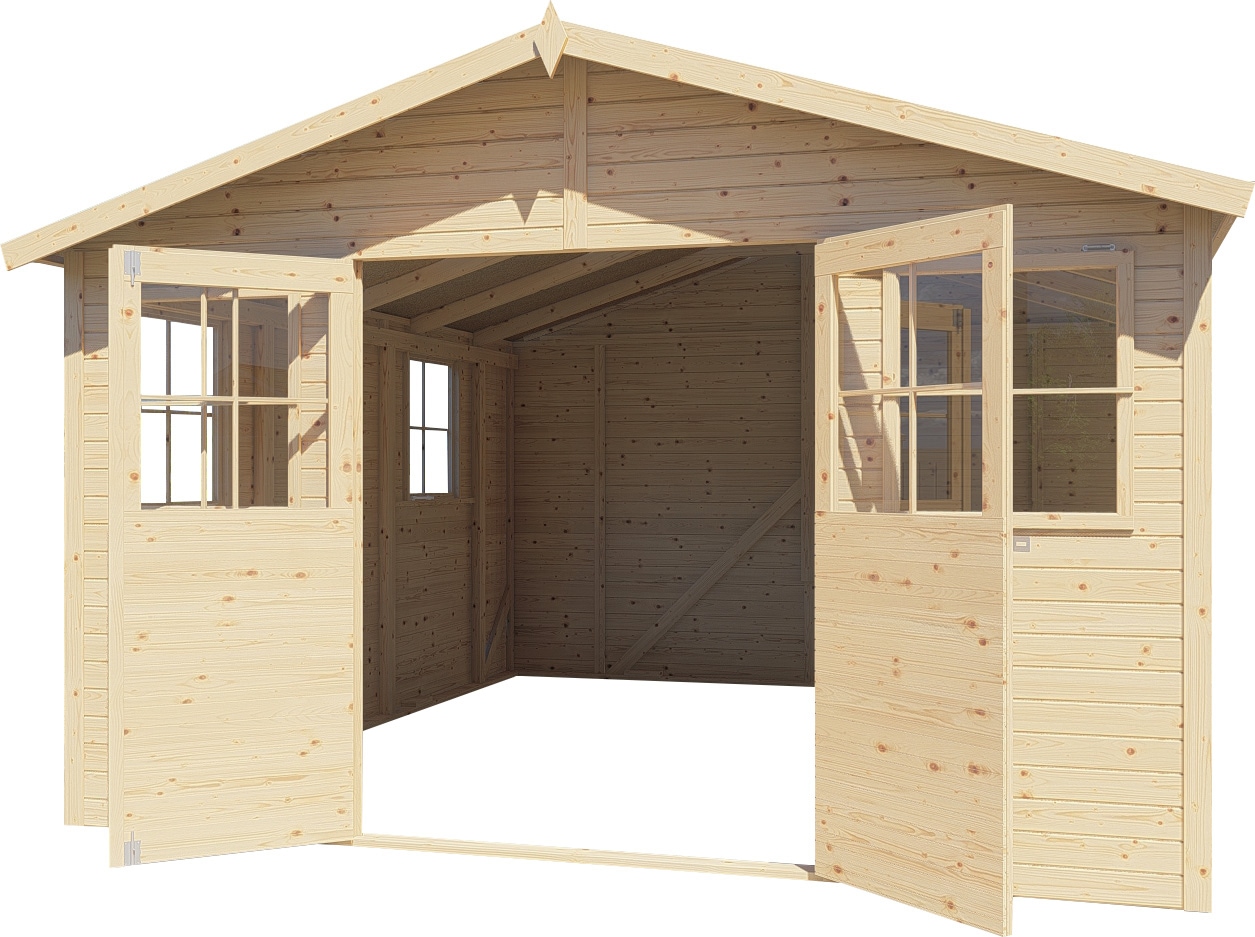 BERTILO Gartenhaus »Workshop Carpenter naturbelassen«, Großes Gartenhaus aus exakt vorgefertigten Elementen