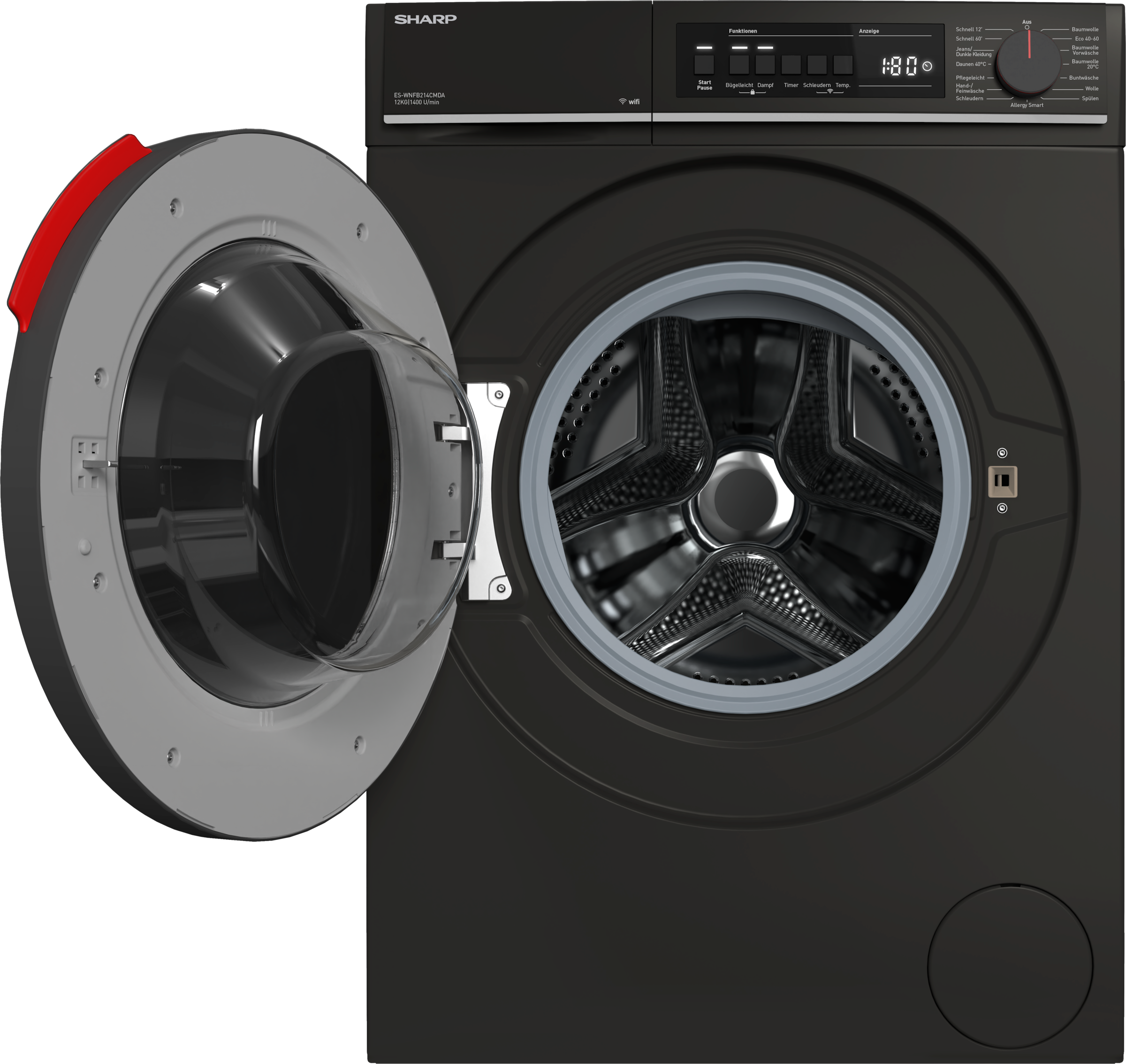 Sharp Waschmaschine Mid Class »ES-WNFB214CMDA-DE« 12 kg 1400 U/min 12kg / +WIFI / A-20% / black Doorring+knob/Steam/
Mat Black