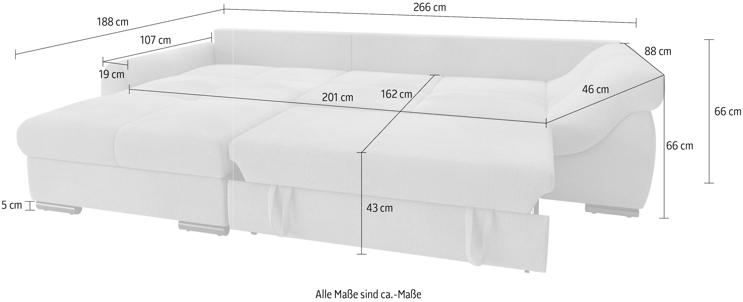 Mr. Couch Ecksofa »Livorno L-Form«, inkl. Hochschläfer-Bettauszug, XL-Bettkasten weiß beschichtet