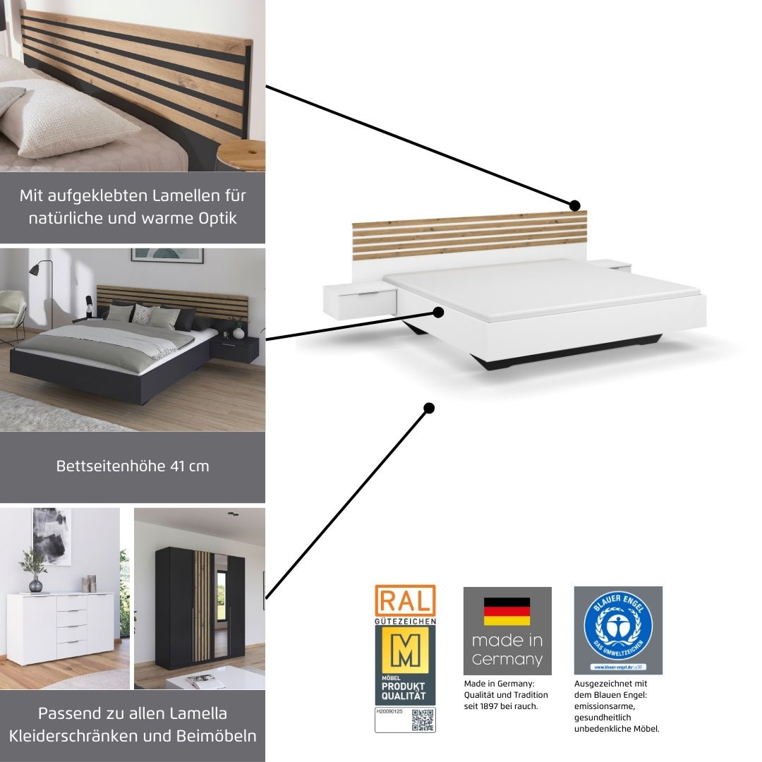 rauch Bettanlage »Doppelbett Futonbett LAMELLA in schwebender Optik« Bett 160x200 oder 180x200 cm,  mit eleganter Lamellenabsetzung und 2 Hängenachttische MADE IN GERMANY