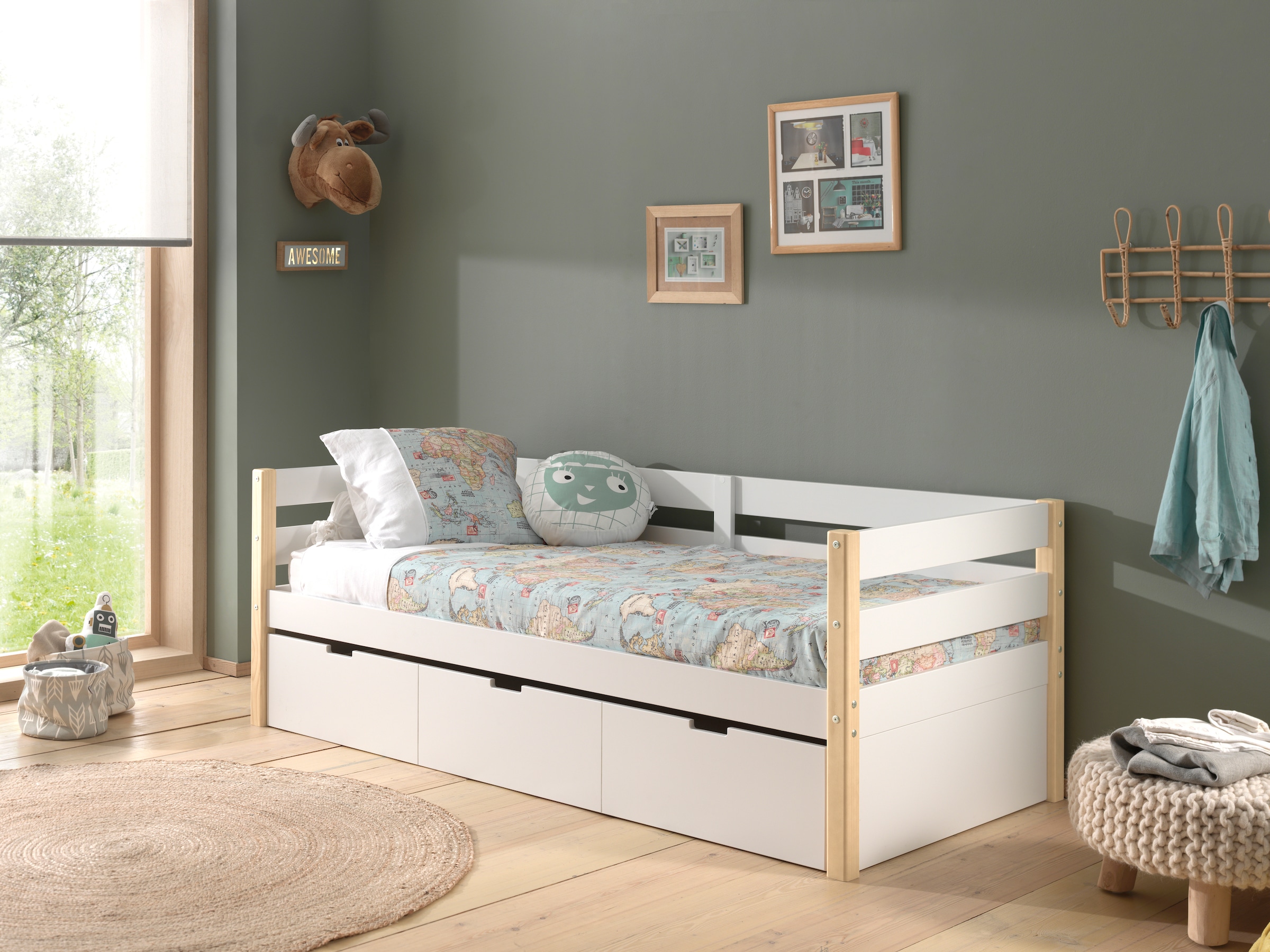 Vipack Einzelbett »Magrit, Kojenbett mit seitlichem Umbau, Liegefläche 90 x 200cm«, (B/H/T ca. 211,2x76,6x97,8cm, Pfosten massiv, Umbau MDF weiß lackiert), universell einsetzbar, wahlweise mit und ohne Bettschublade