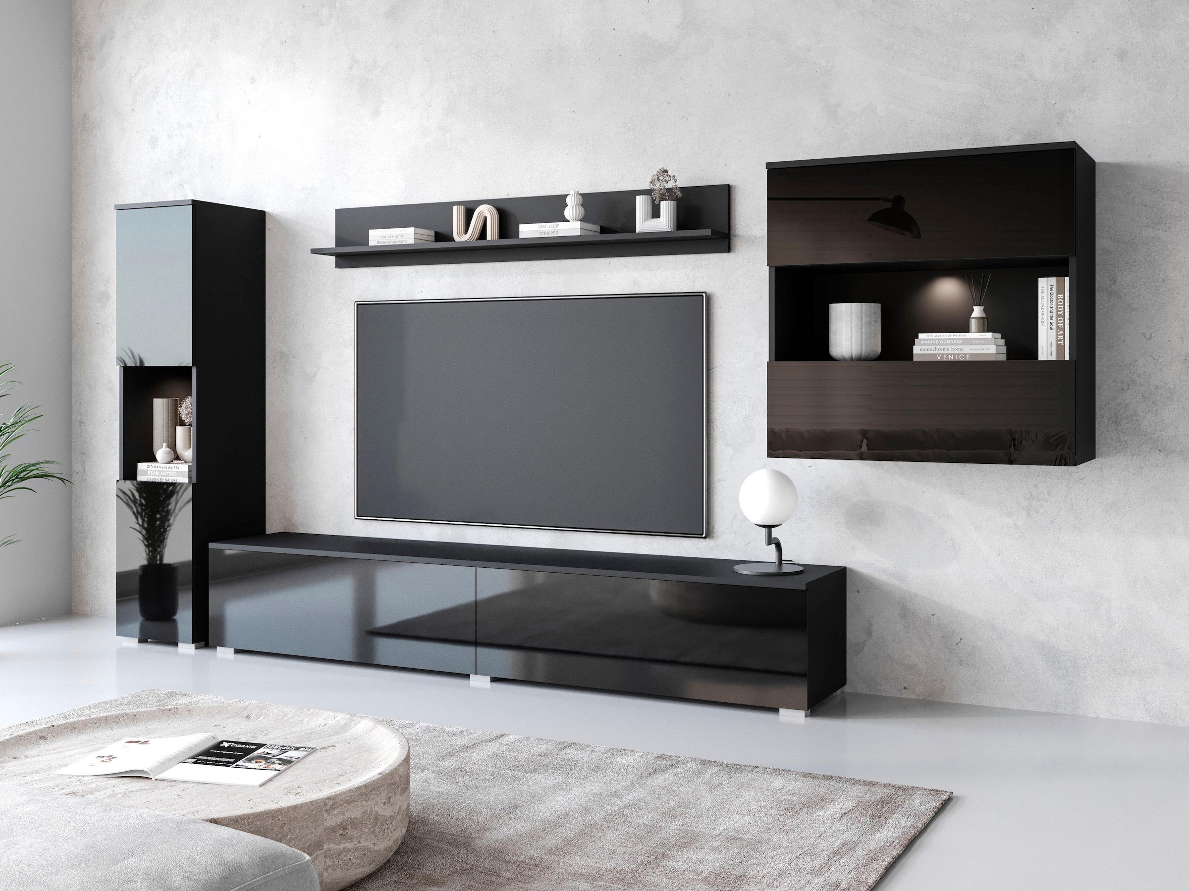 INOSIGN Wohnwand »PARIS«, (Komplett-Set, 4 St.), TV-Wand 300cm breite, grifflose Design, stehend und hängend montierbar