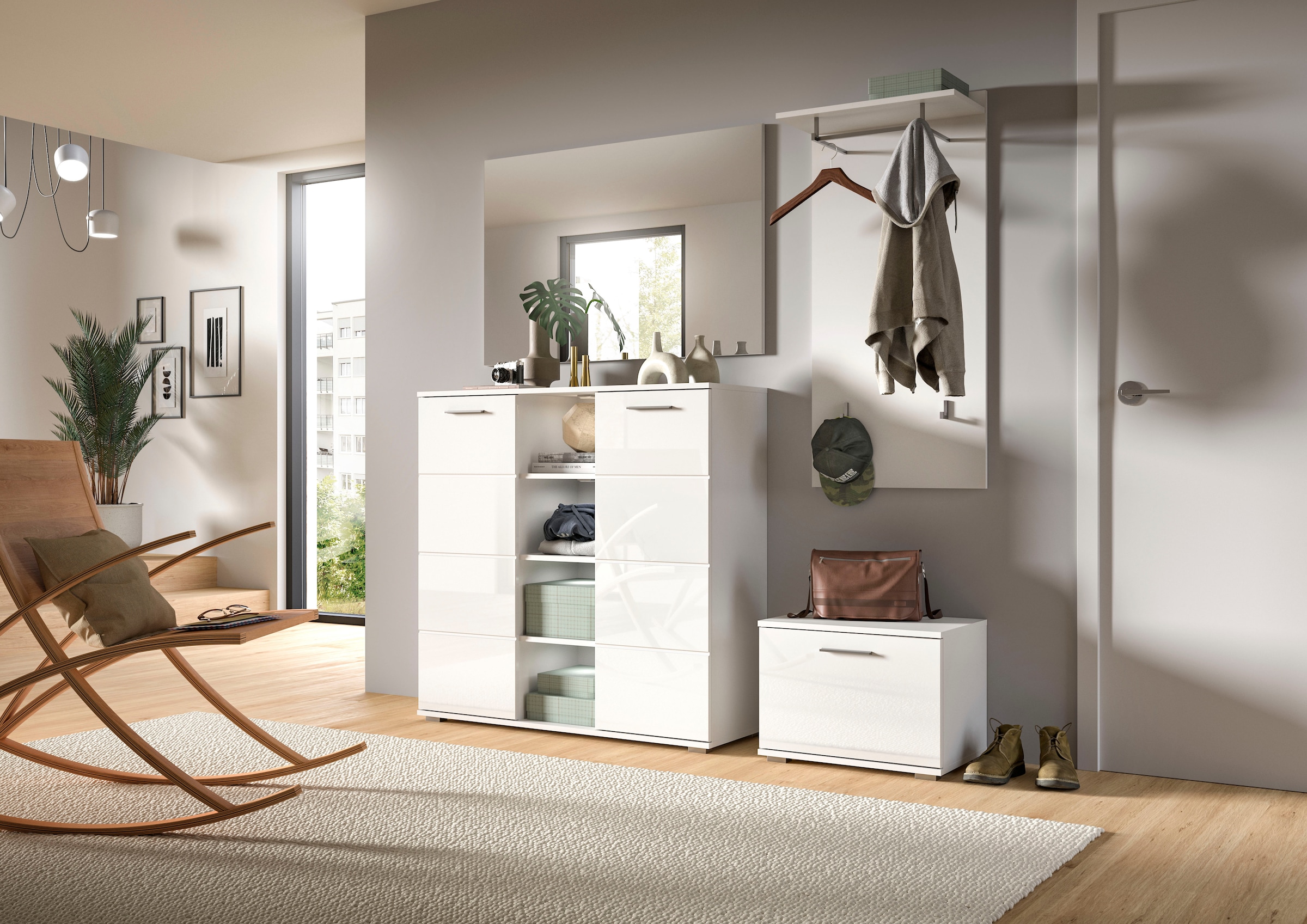 INOSIGN Garderoben-Set »Valge, Breite 110 cm, 2-tlg. Set, bestehend aus: Highboard und Spiegel«, (2 St.), Garderobenkombination, Dielen Set, Flur Set, Kombination
