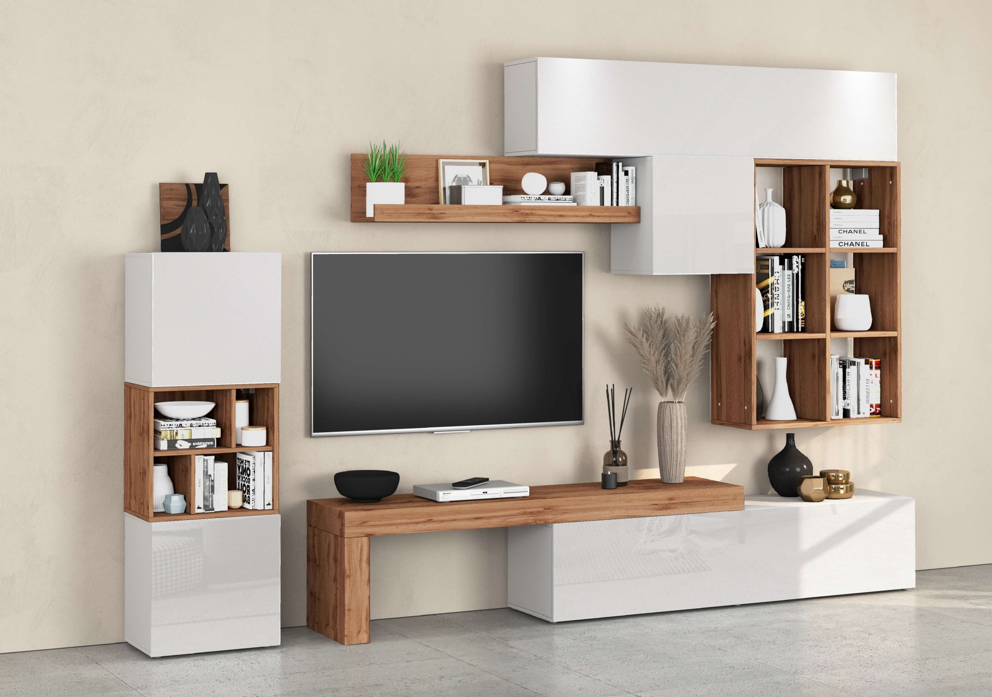 INOSIGN Wohnwand »Chronos Wohnwand, Medienwand, 8-er set«, (Set, 8 St.), ca. 320 cm mit Hängeschränke, Würfel, Regal, Lowboard, Made in Italy