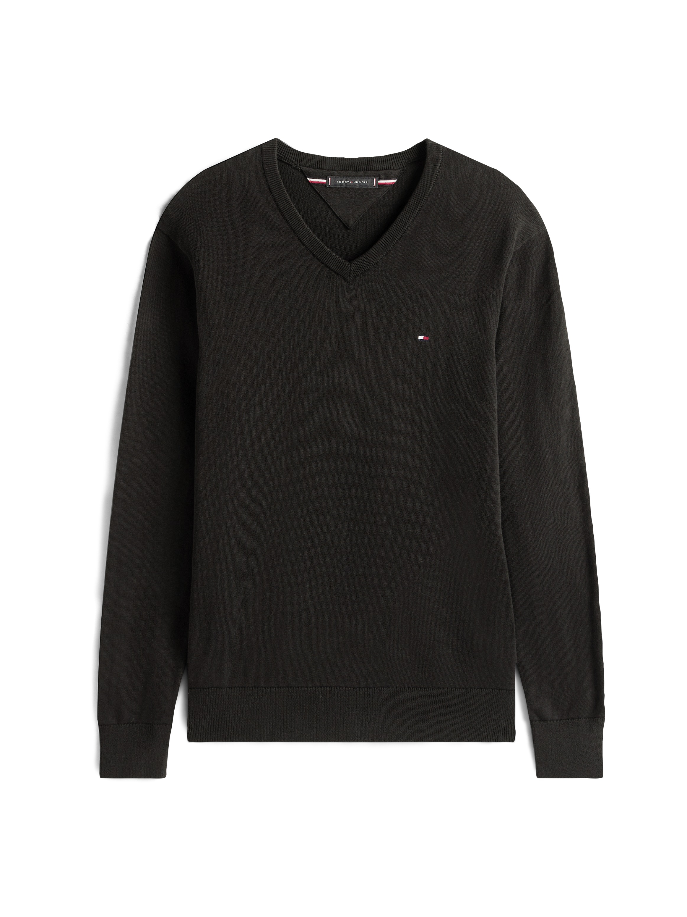 Tommy Hilfiger Strickpullover »ESSENTIAL COTTON V NECK mit V-Ausschnitt und Stickerei«, unifarben, casual, regular fit, Baumwolle, V-Ausschnitt
