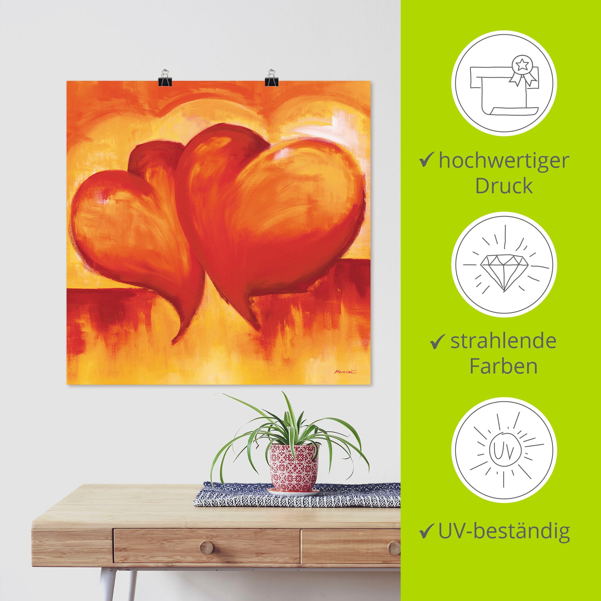 Artland Wandbild »Abstrakte Herzen - Orange«, Herzen, (1 St.), als Leinwandbild, Poster in verschied. Größen