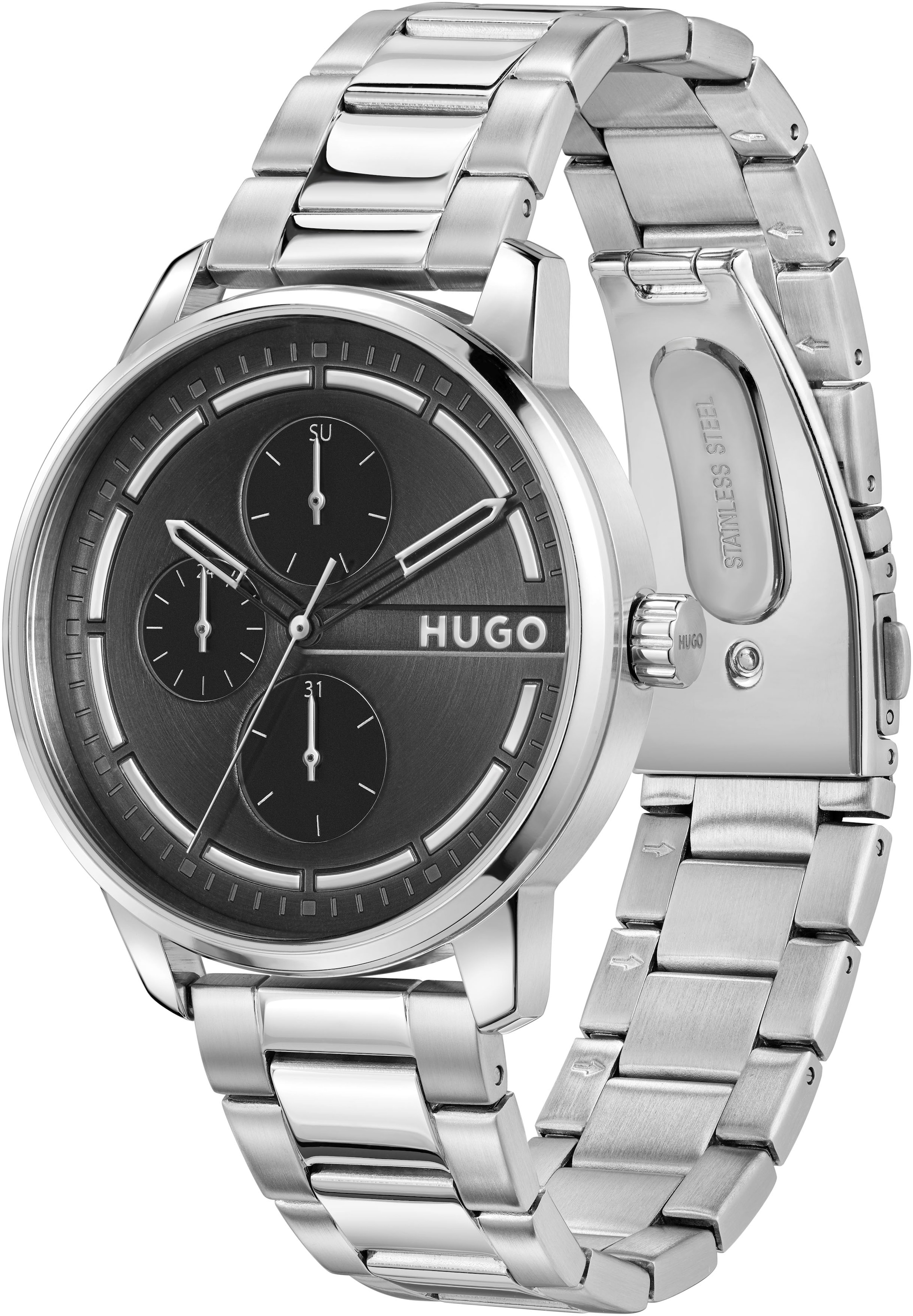 HUGO Multifunktionsuhr »#STAMP MULTI«, Armbanduhr, Quarzuhr, Herrenuhr, Datum, Edelstahlarmband
