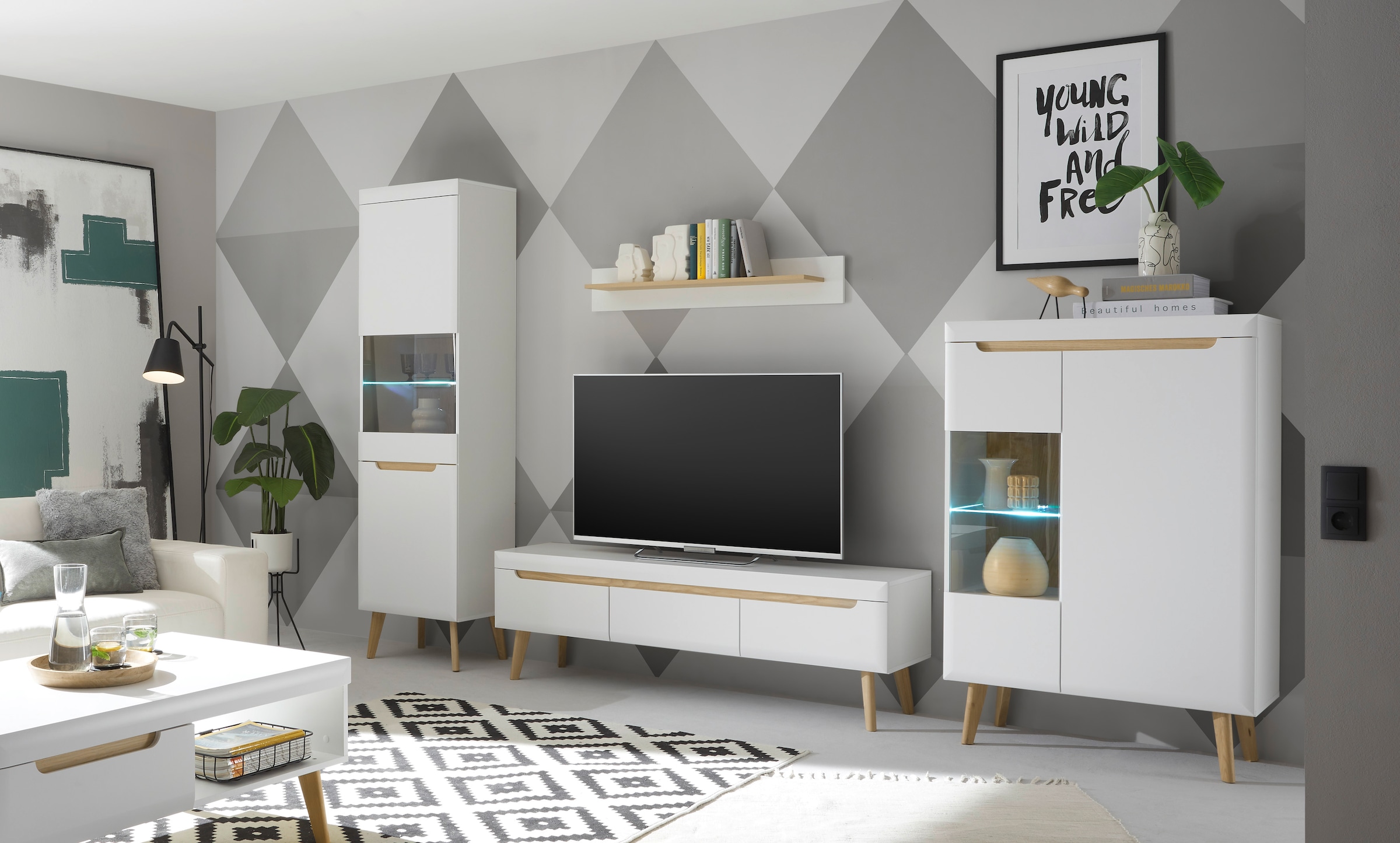 INOSIGN Wohnwand »Torge, Anbauwand, Schrankwand, Mediawand, Wohnzimmer-Set«, (Set, 4 St.), enthält 2 Vitrinen, 1 Lowboard, 1 Wandboard, 343 cm breit