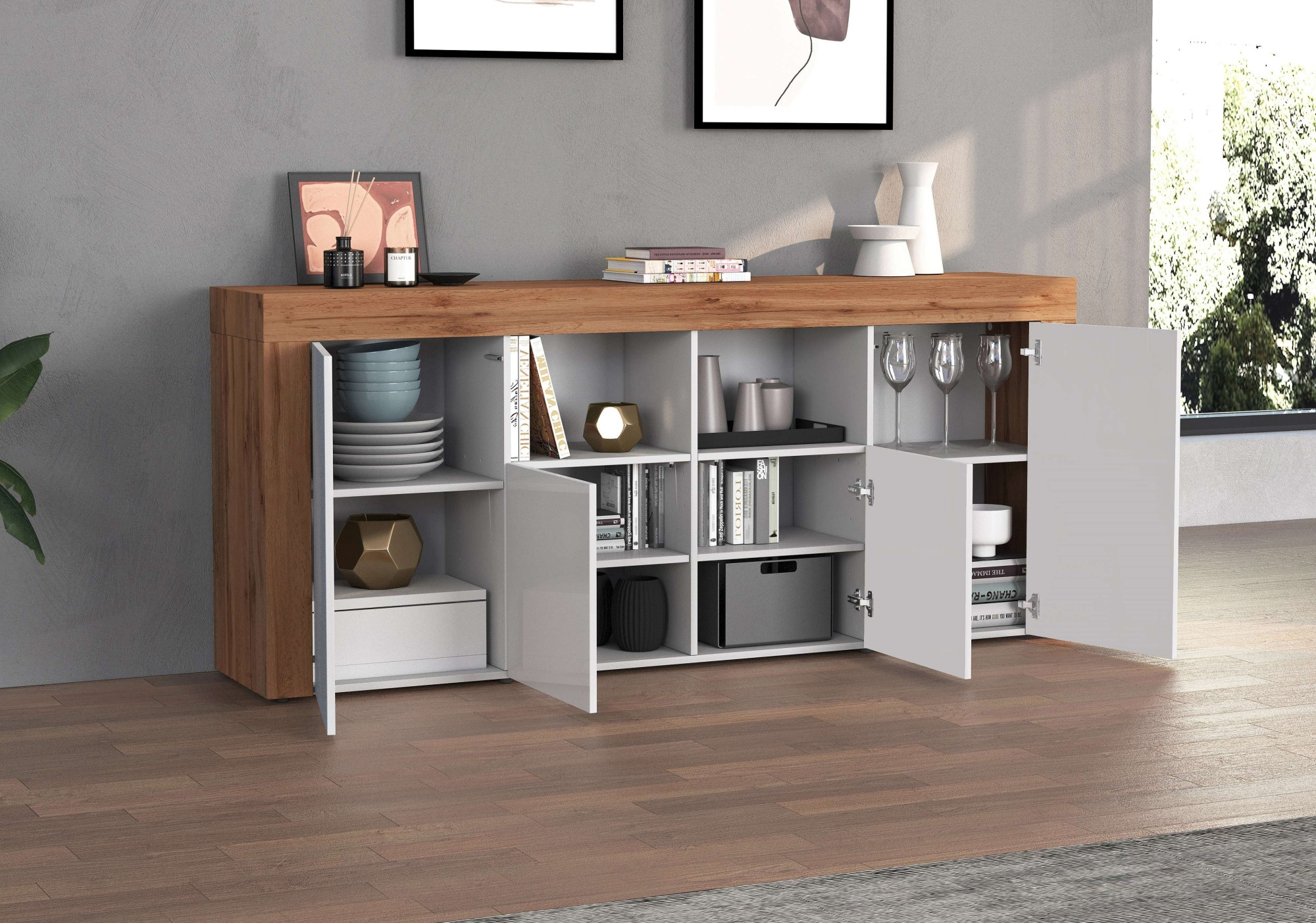 INOSIGN Sideboard »CHRONOS Breite 200 cm mit 4 Türen, 2 offene und 8 geschlossene Fächer«, (1 St.), Sideboard,Kommode, Schrank, Grifflos mit Push to Open, Made in Italy