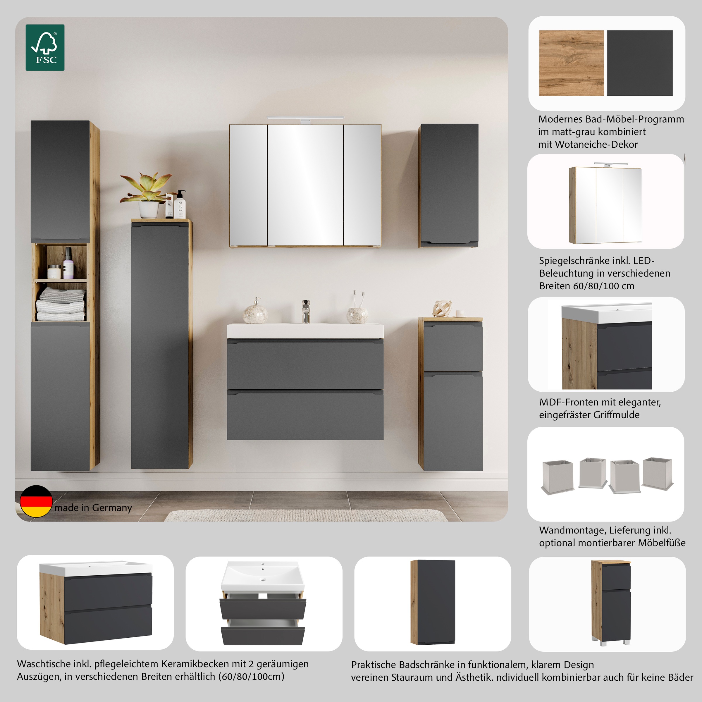 welltime Badezimmerspiegelschrank »CABO, gedämpfte Scharniere« Rundumsicht, dank besonderer Klapptechnik