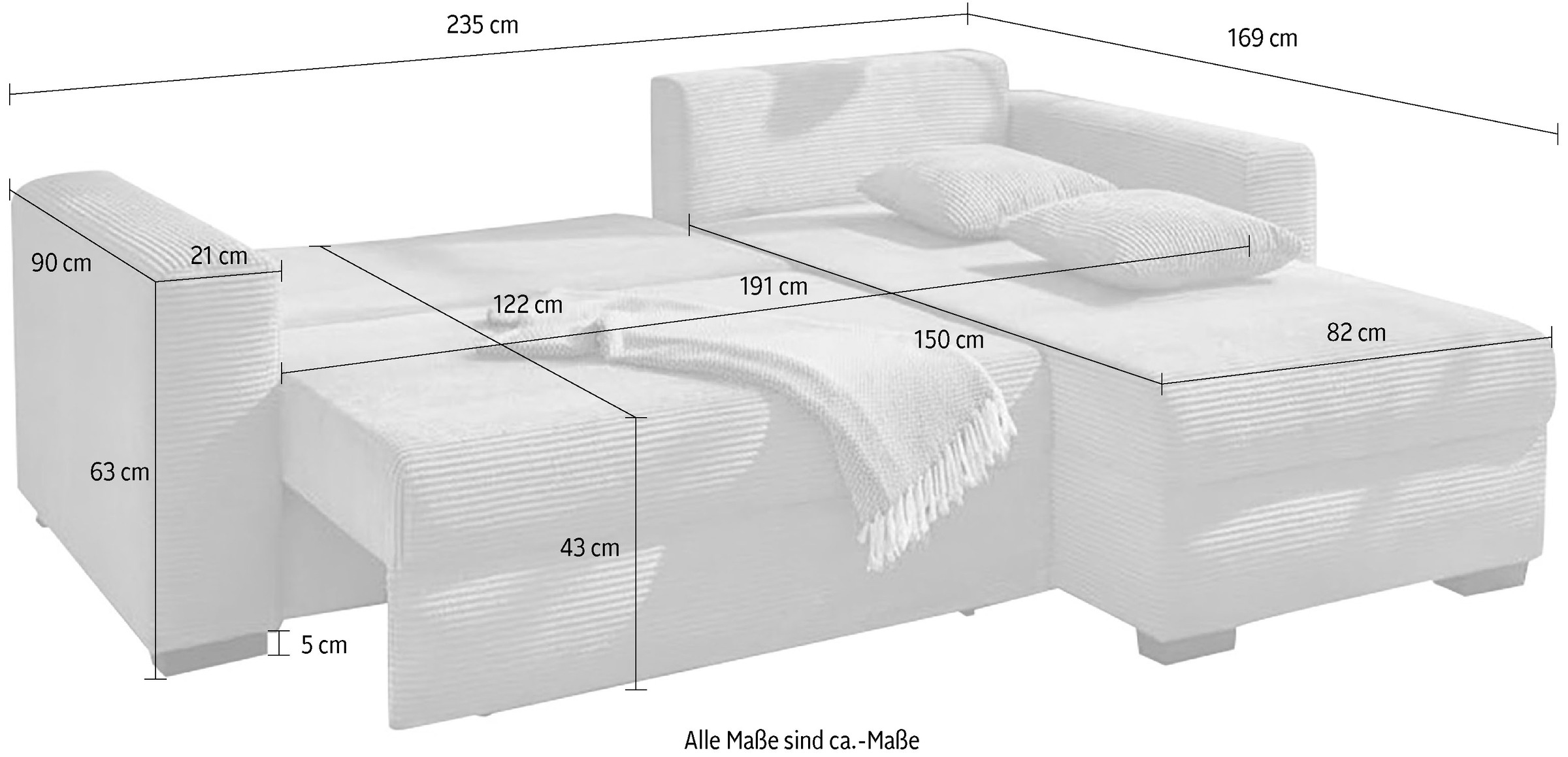 Jockenhöfer Gruppe Ecksofa »Ecksofa Elmau, Größe Ottomane: L, B:235cm, optional mit Topper« mit Schlaffunktion, Bettkasten & 2 Zierkissen
