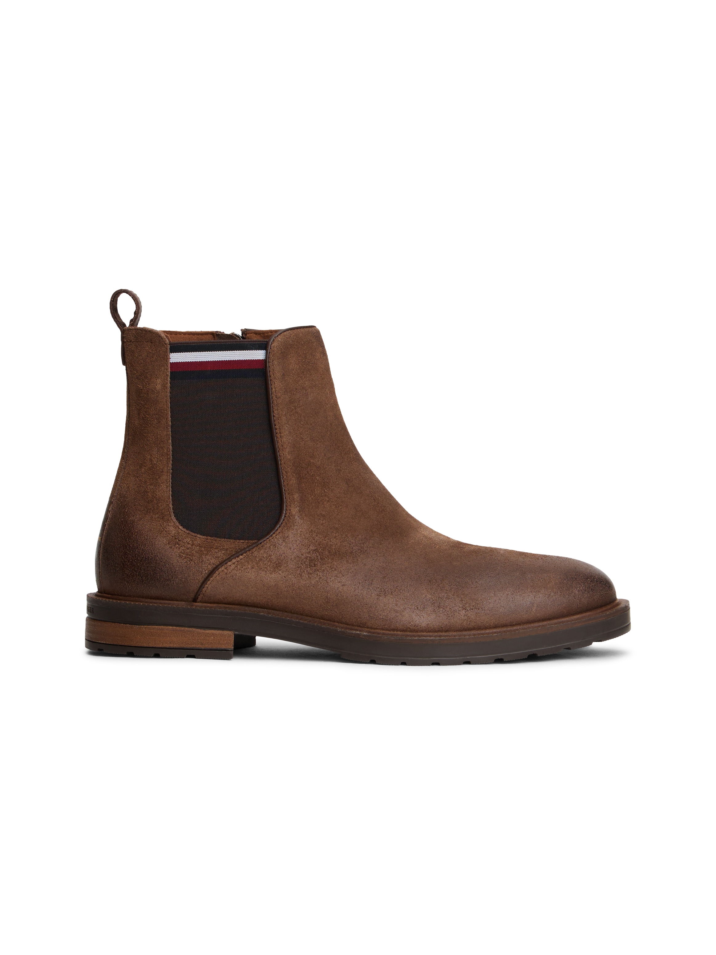 Tommy Hilfiger Chelseaboots »CLEATED HILFIGER SUEDE CHELSEA«, Blockabsatz, Stiefelette, Businessschuh mit Logostreifen