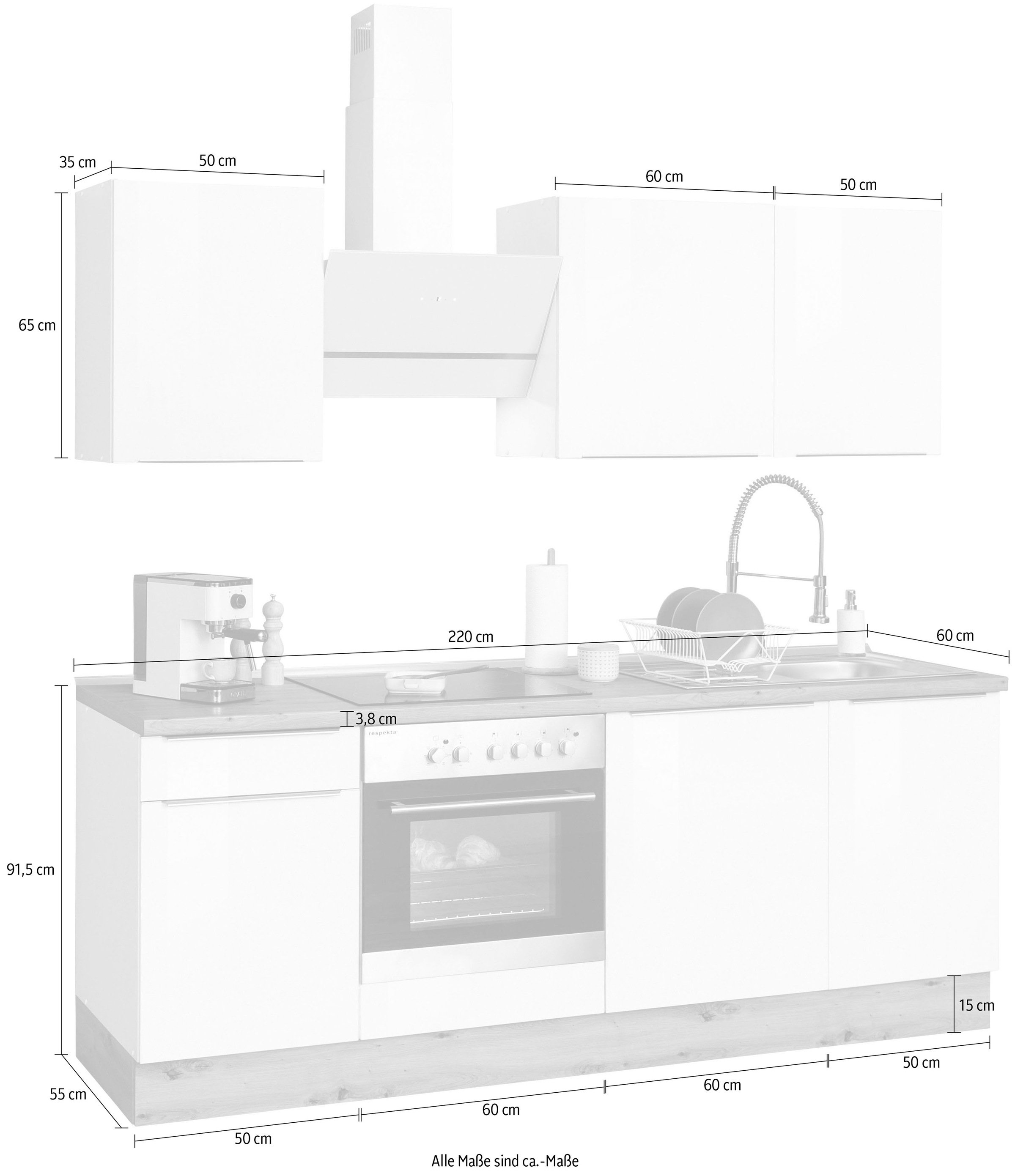RESPEKTA Küchenzeile »Safado aus der Serie Marleen«, hochwertige Ausstattung  wie Soft Close Funktion, Breite 220 cm auf Rechnung kaufen | Küchenzeilen mit Geräten