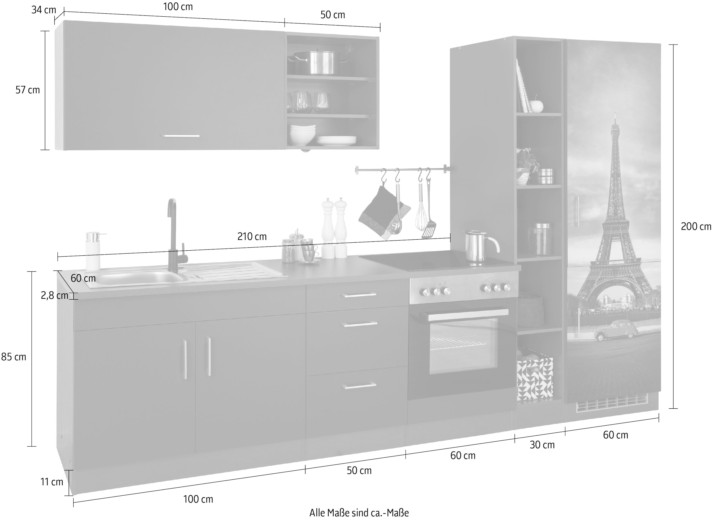 HELD MÖBEL Küchenzeile »Paris«, ohne E-Geräte, Breite 300 cm