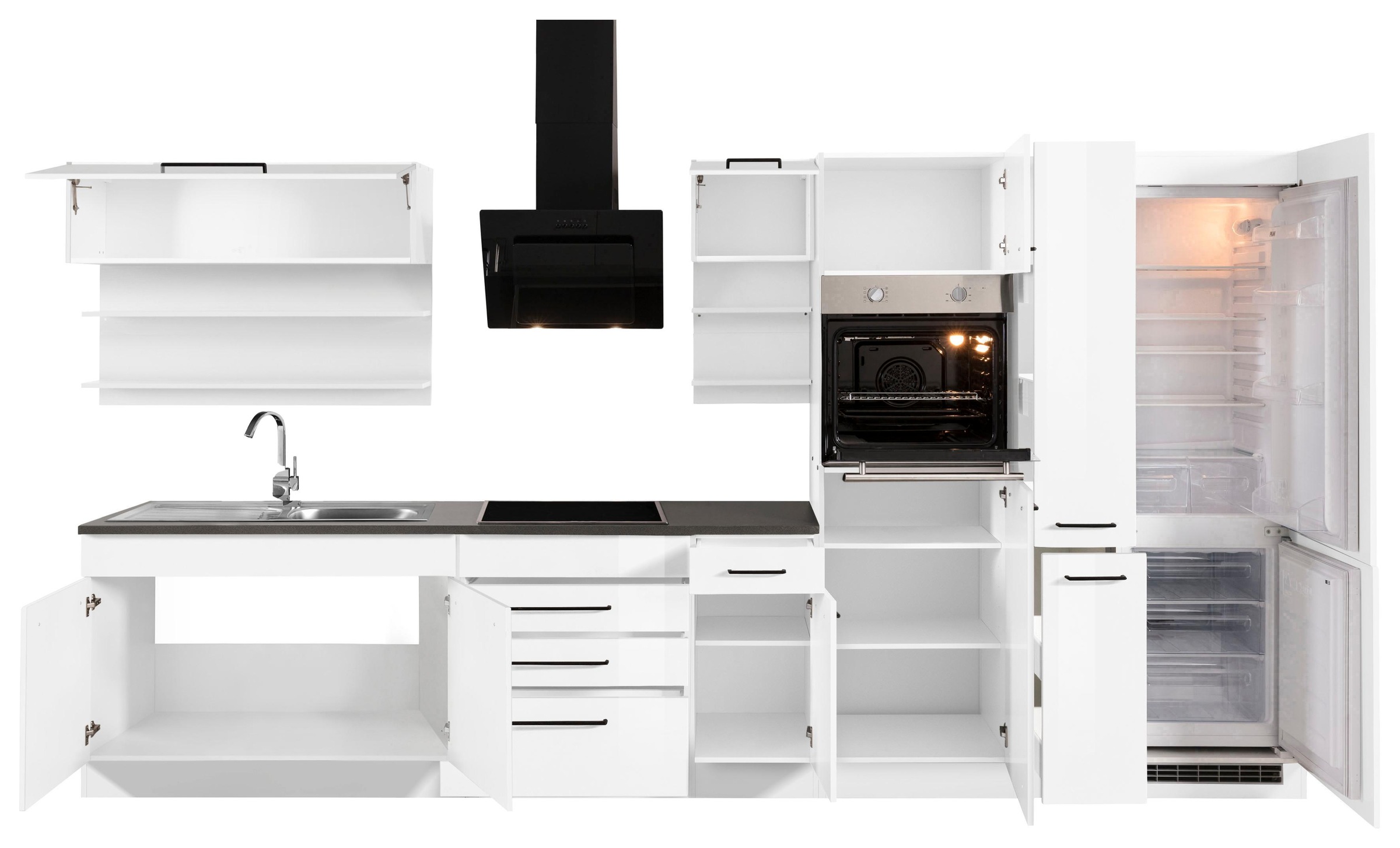 KOCHSTATION Küchenzeile »KS-Tulsa«, mit E-Geräten, Breite 380 cm, schwarze Metallgriffe, MDF Fronten