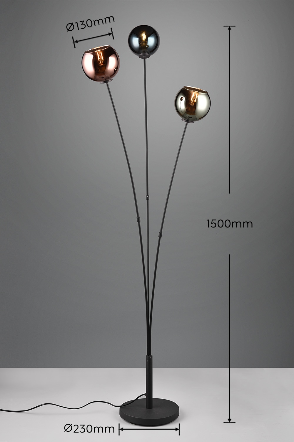 REALITY Leuchten Stehlampe »SHELDON, Stehleuchte 3-flammig exkl 3x E14 max 10W mit Fußschalter«, 3 flammig, Leuchtmittel E14 | Leuchtmittel wechselbar, dreiarmige Standleuchte mit bunten Glasschirmen Stehleuchte Wohnzimmer