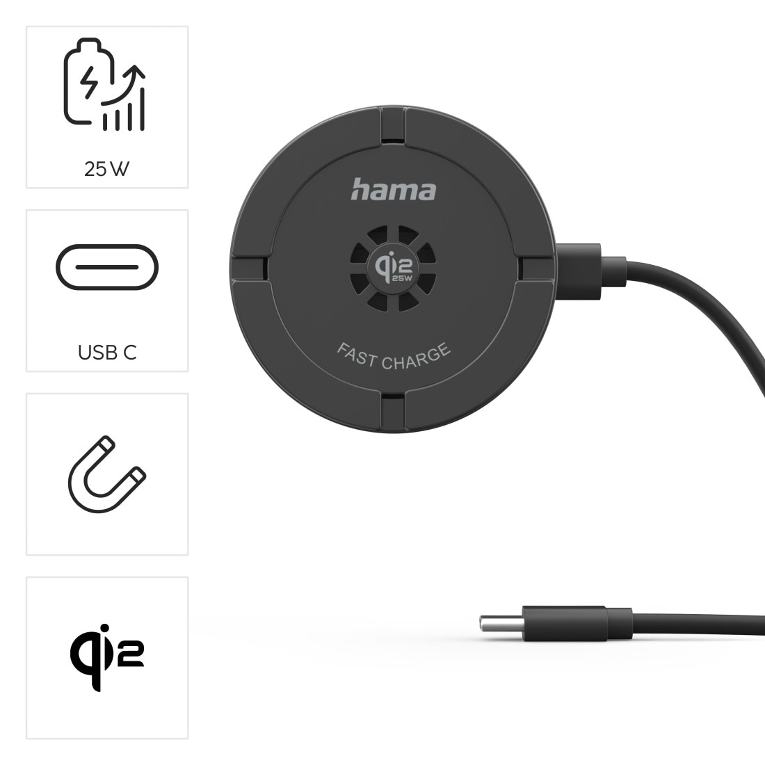 Hama Wireless Charger »Qi2 25W Wireless Ladegerät magnetisch mit Standfunktion« Qi2 25W, magnetisch, Standfunktion, Luftkühlung, USB-C