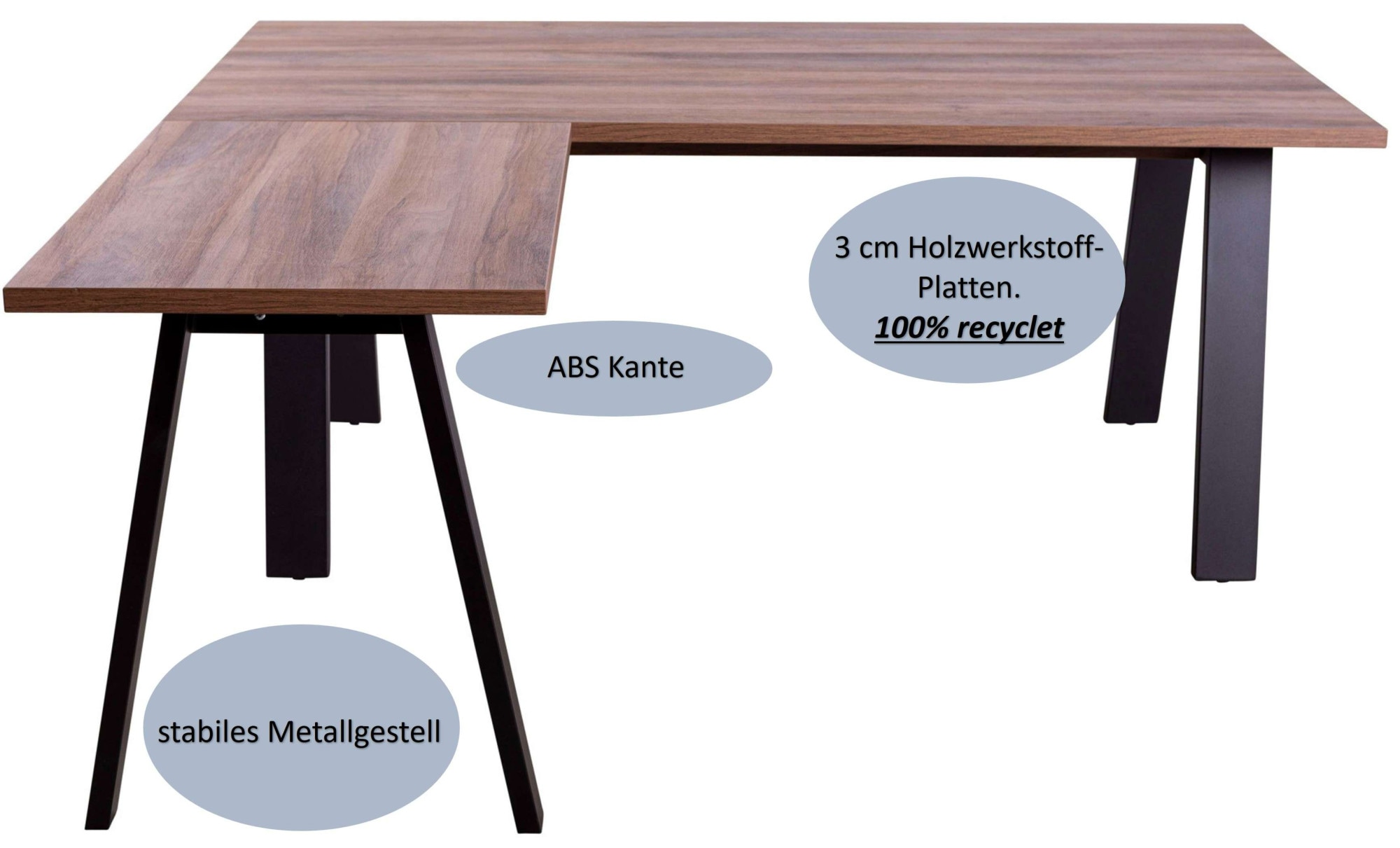 Composad Eckschreibtisch »Davinci«, mit Metallbeinen, 171,5x150 cm, 100% recyceltes Holz, Made in Italy