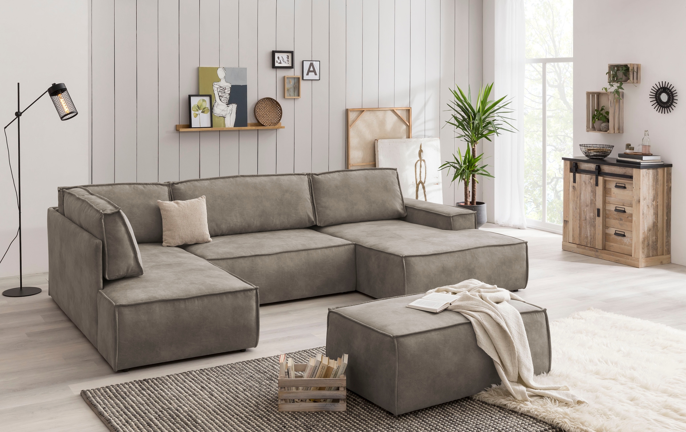 Home affaire Wohnlandschaft »SHERWOOD 329 cm, U-Form, Schlafsofa,«, Schlaffunktion m. Bettkasten (194x139 cm), Cord, Vintage, Samtvelours
