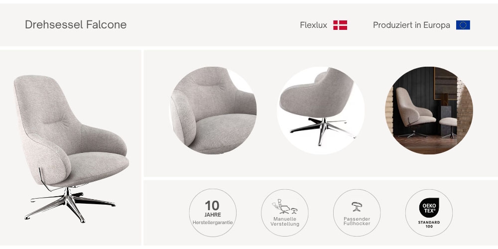 FLEXLUX Drehsessel »Falcone, Drehbarer Fernsehsessel, Entspannung, Hoher Komfort, Scandi«, Mit Liegefunktion, Gepolstert mit Stoffbezug, Robuster Aluminiumfuß