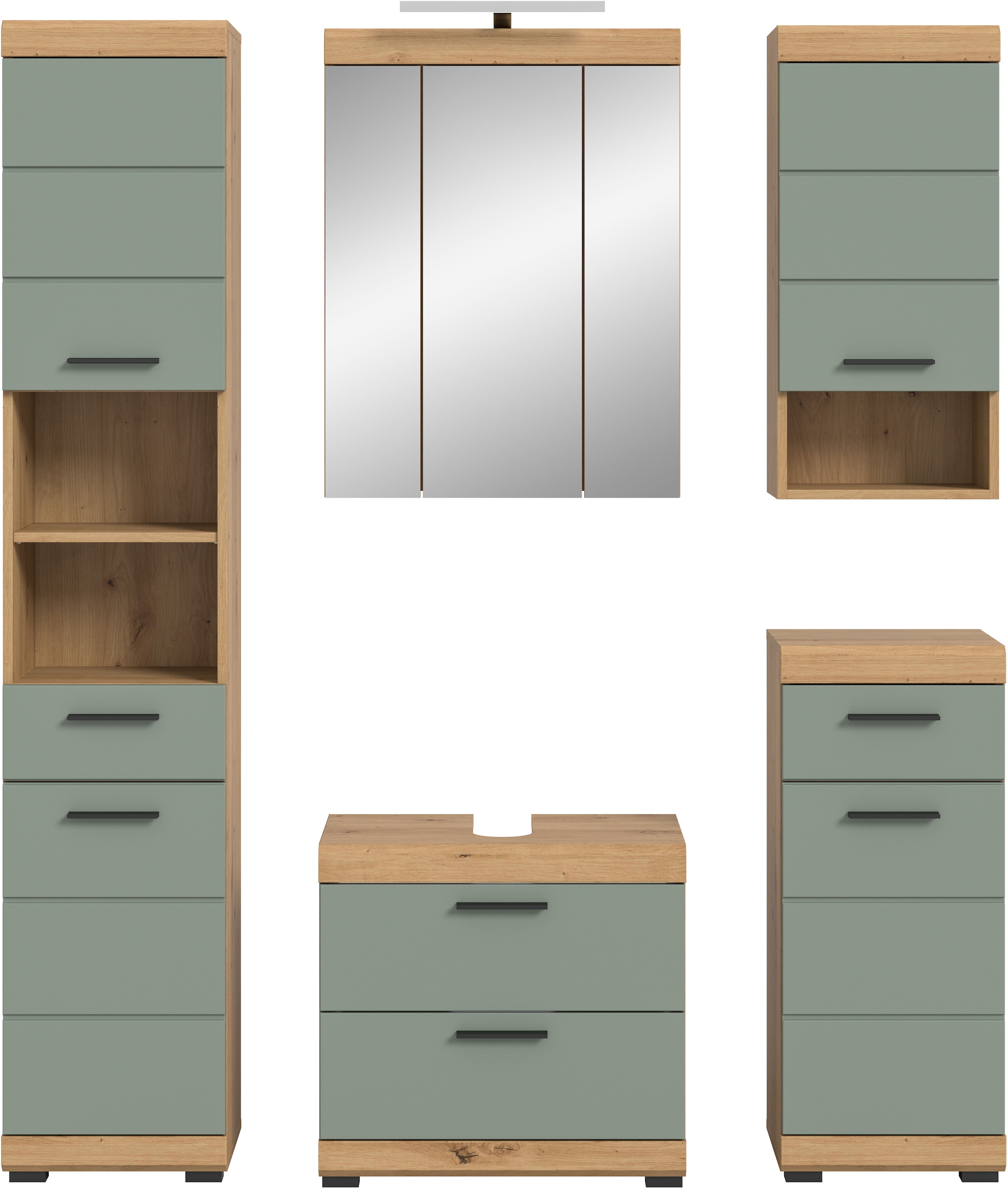 INOSIGN Badmöbel-Set »Siena, 5 teilig, inklusive LED Beleuchtung, bestehend aus:«, (Set), Hochschrank, WBU, Spiegelschrank, Unterschrank, Hängeschrank