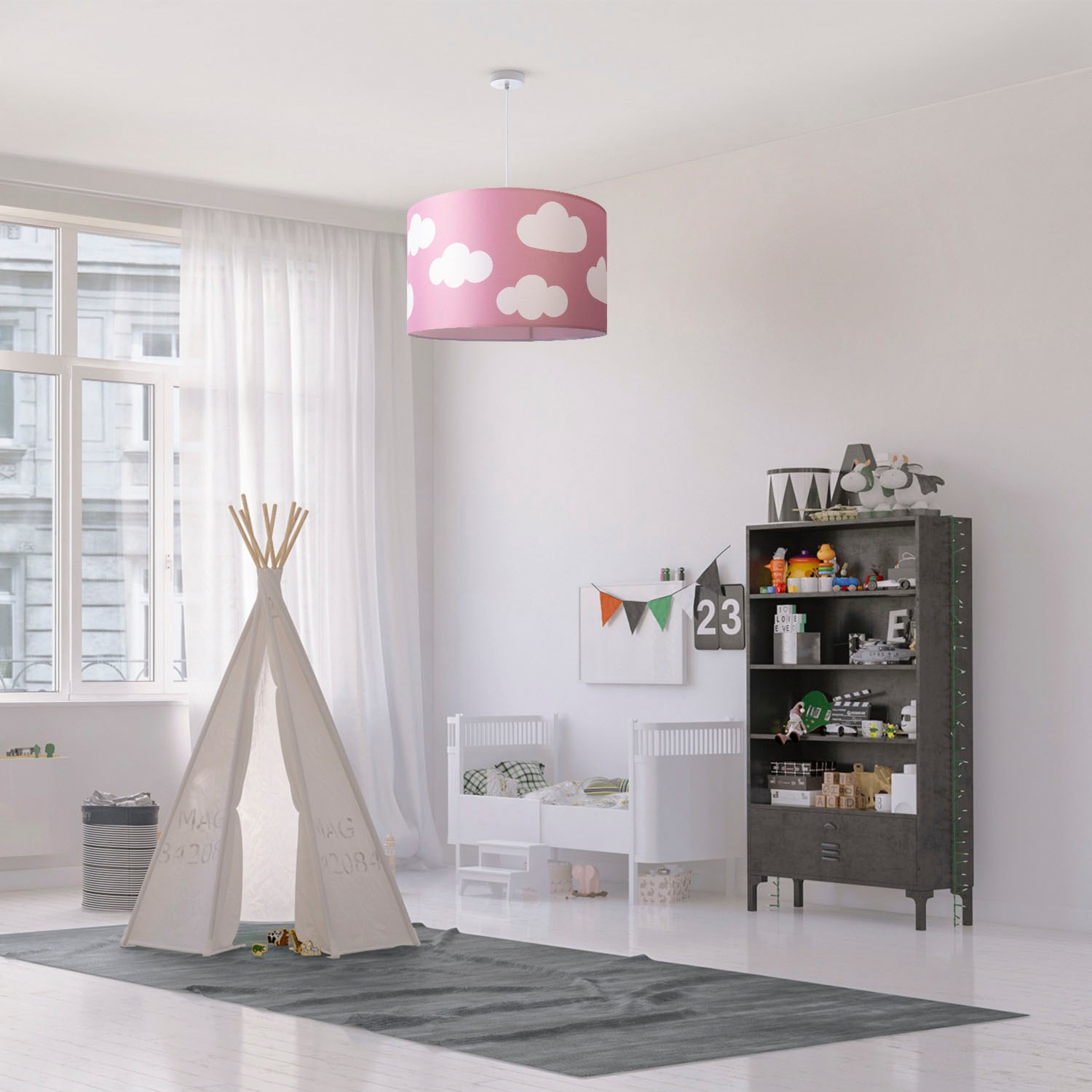 Paco Home Pendelleuchte »Hugo Cosmo«, Leuchtmittel E27 | ohne Leuchtmittel, Pendellampe Kinderzimmer Wolken Himmel Stoff Lampenschirm Rund E27