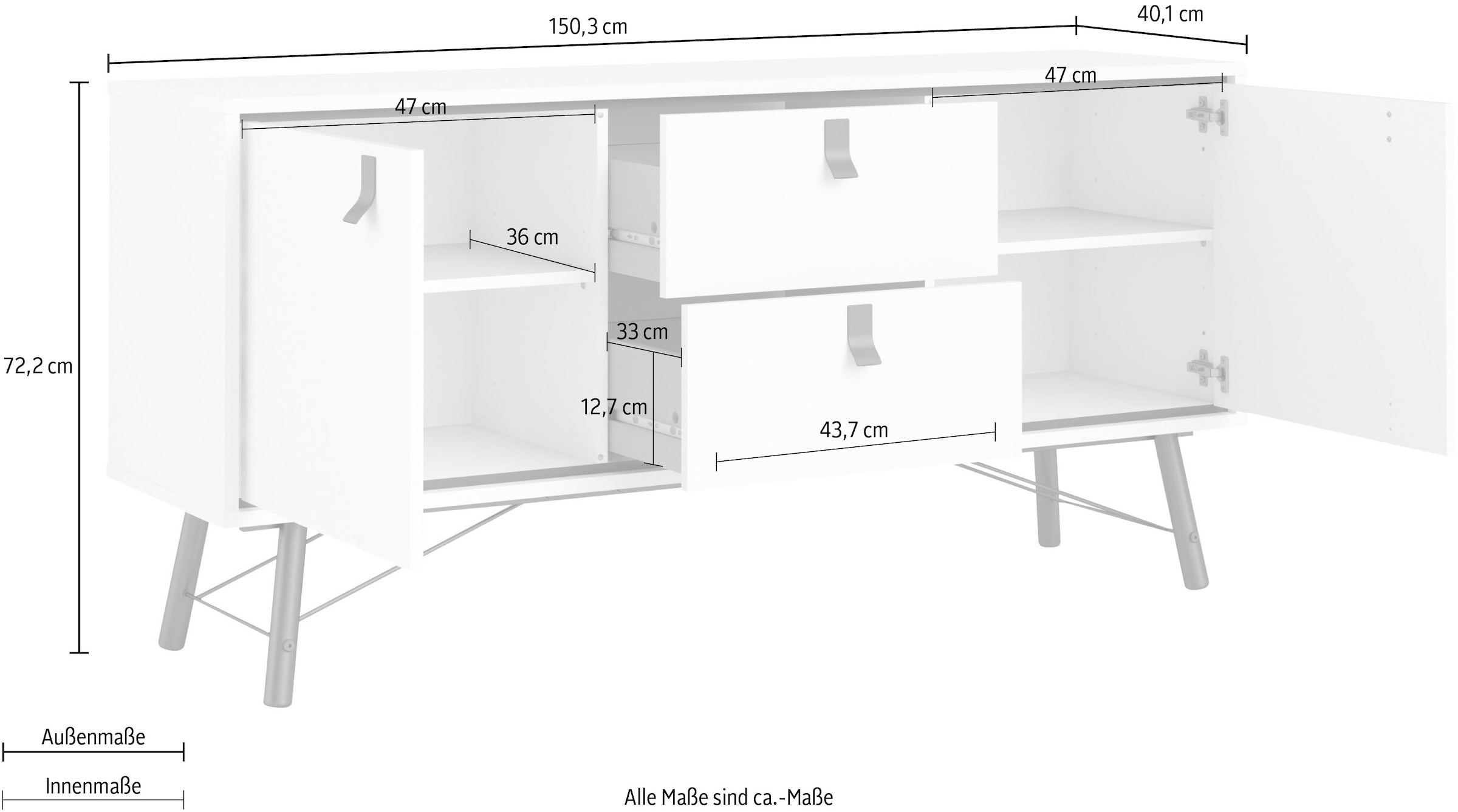 andas Sideboard »Ry Aufbewahrung, Schubladenschrank,«, Breite 150 cm, Höhe 72 cm, Kommode mit 2 Türen und 2 Schubläden