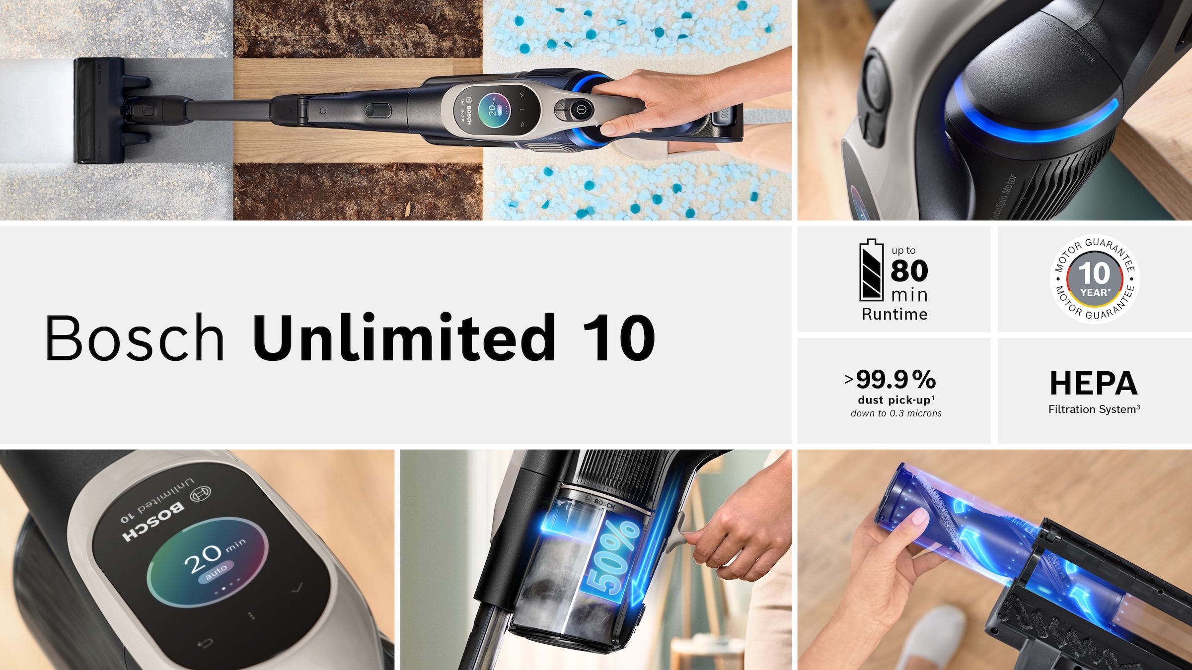 BOSCH Akku-Stielstaubsauger »Unlimited 10 BTS1042GQC, MicroClean™ Technology, 10 J. Motorgarantie«, Display, Knickrohr, HEPA-Filtersystem, Schnellladegerät, 2 Akkus, grau