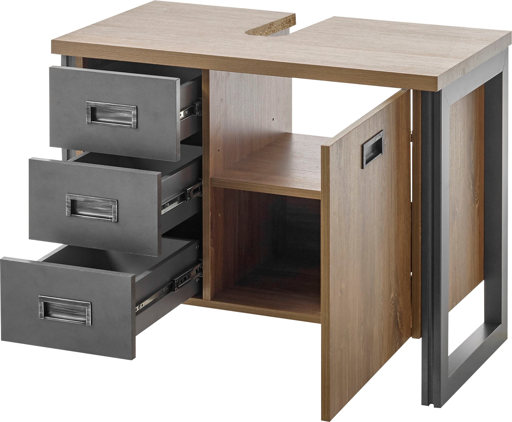 Home affaire Waschbeckenunterschrank »Detroit, Waschtisch mit Apothekergriff, Badschrank im Industrialdesign«, Eiche Dekor, mit Schubladen & Stauraum, Breite 81 cm