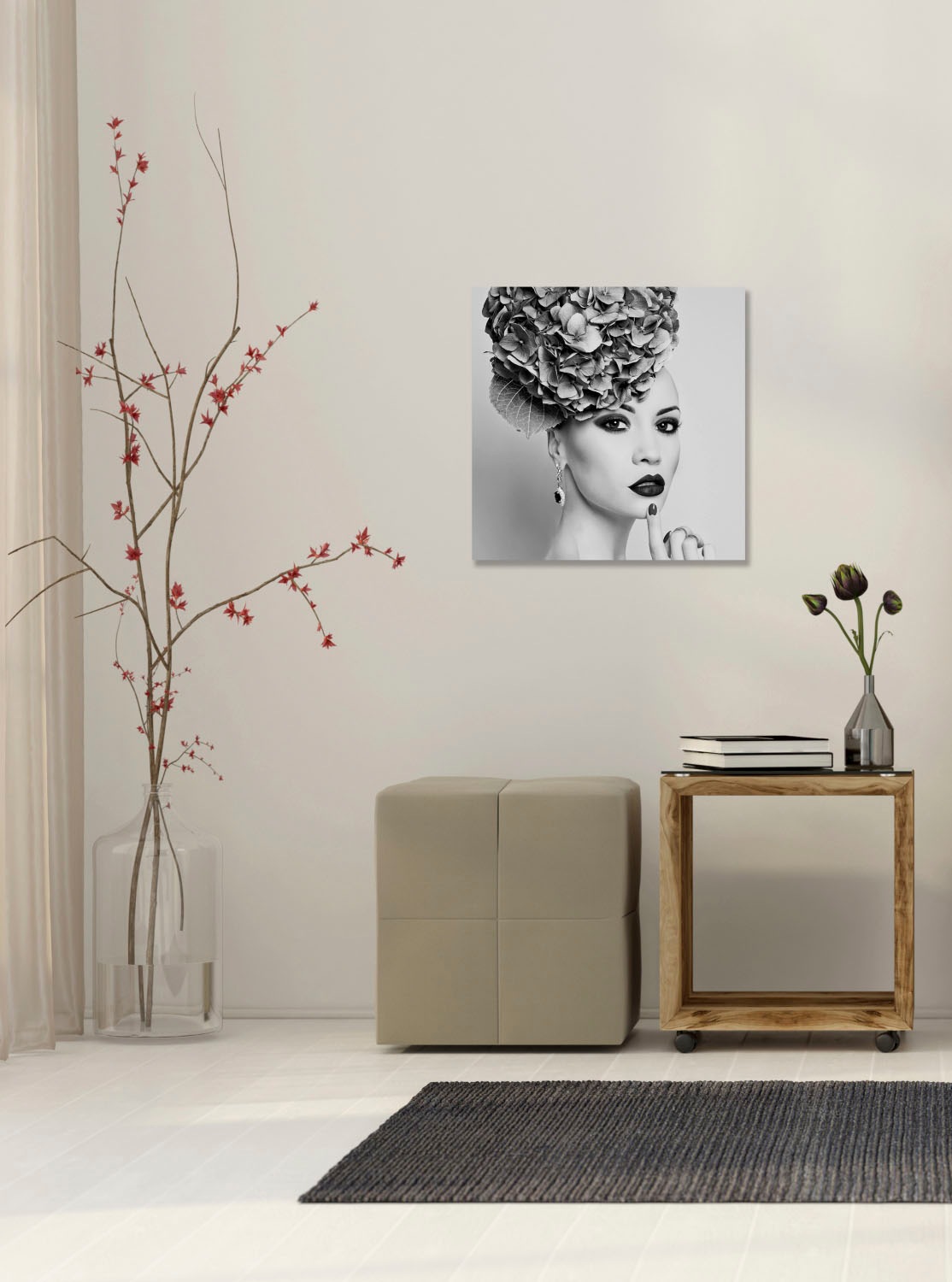 queence Acrylglasbild »Frau mit Blumenhut«, Frau-Kunst-Schwarz-Weiß-Bilder günstig online kaufen