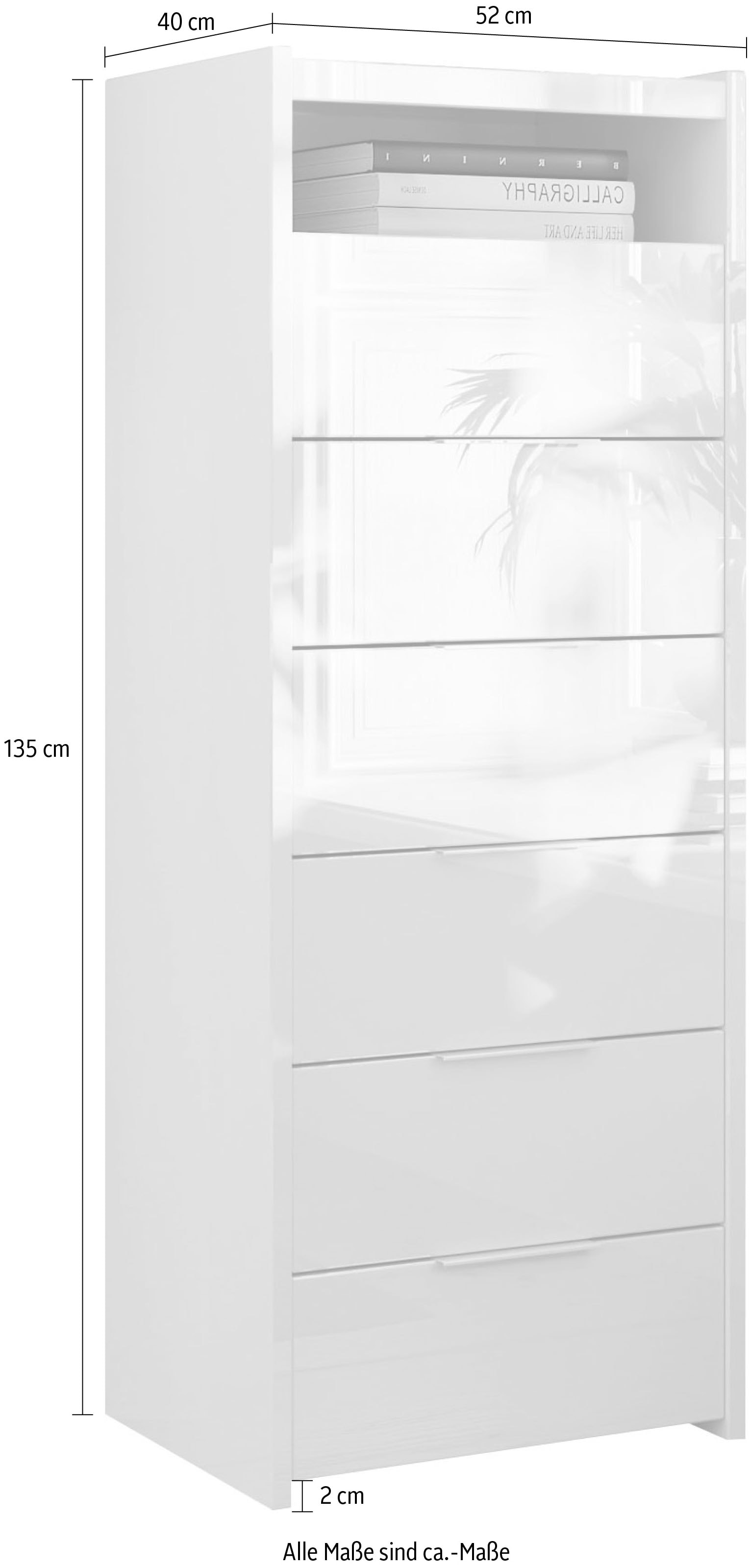INOSIGN Kommode »Malmo, Schubkastenkommode B/T/H 52/40/135 cm, mit 6 Schubkästen,«, offene Ablage, Top 22 mm stark, Metallgriff, Weiss Hochglanz Lack