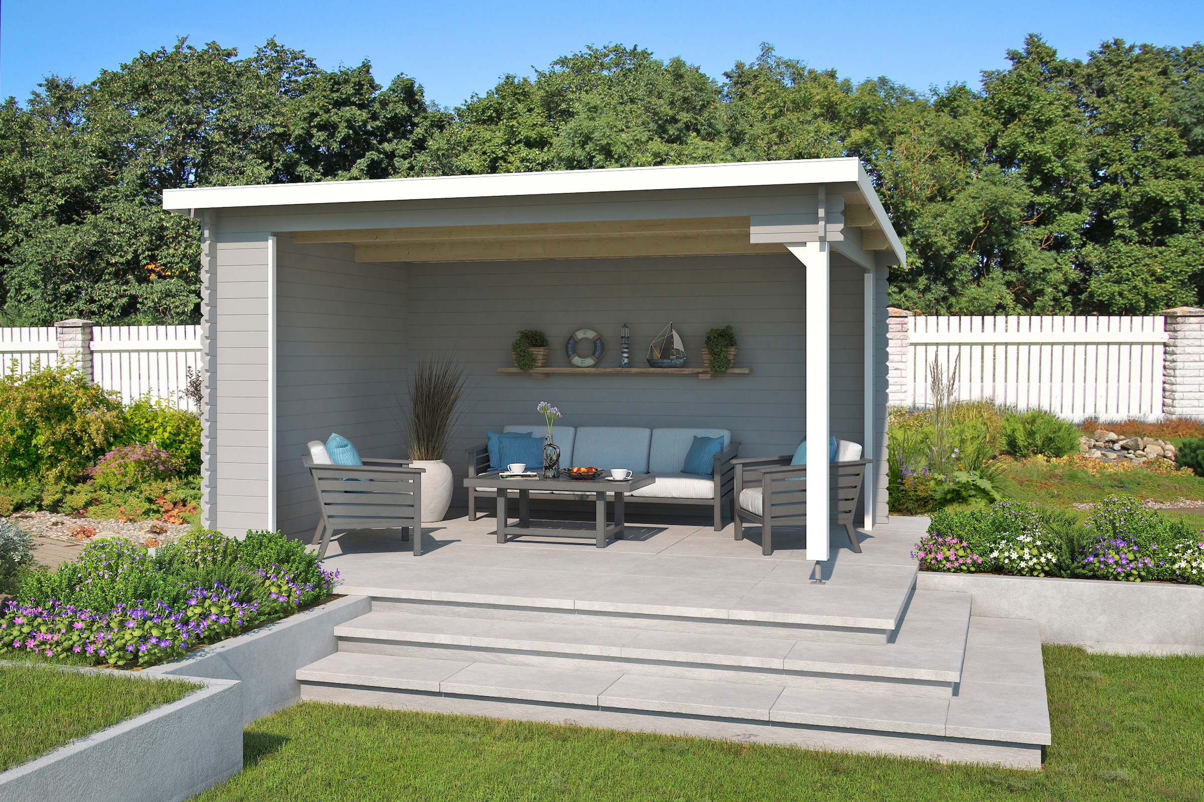 LASITA MAJA Gartenhaus »Unterstand Columbus«, Unterstand / Lounge 34mm, Fundamentmass 4250x3000, Lichtgrau