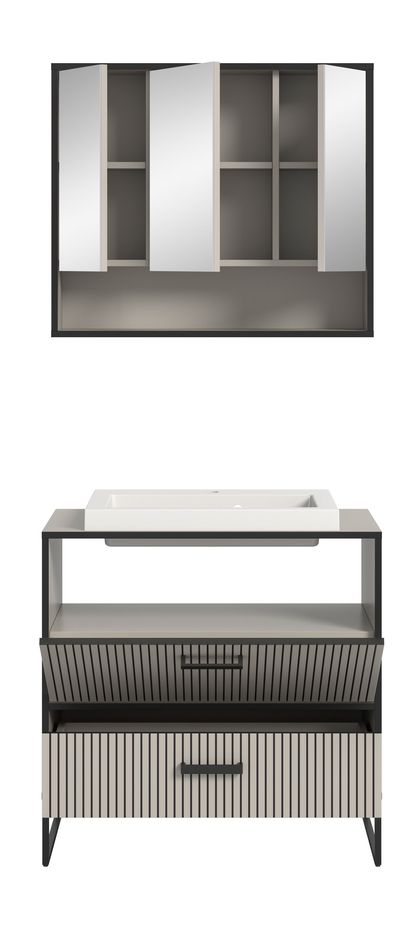 welltime Badmöbel-Set »Locri, Breite 80 cm, Rillenoptik, Metallkufen«, (2 St.), best. aus: Spiegelschrank, Waschtisch