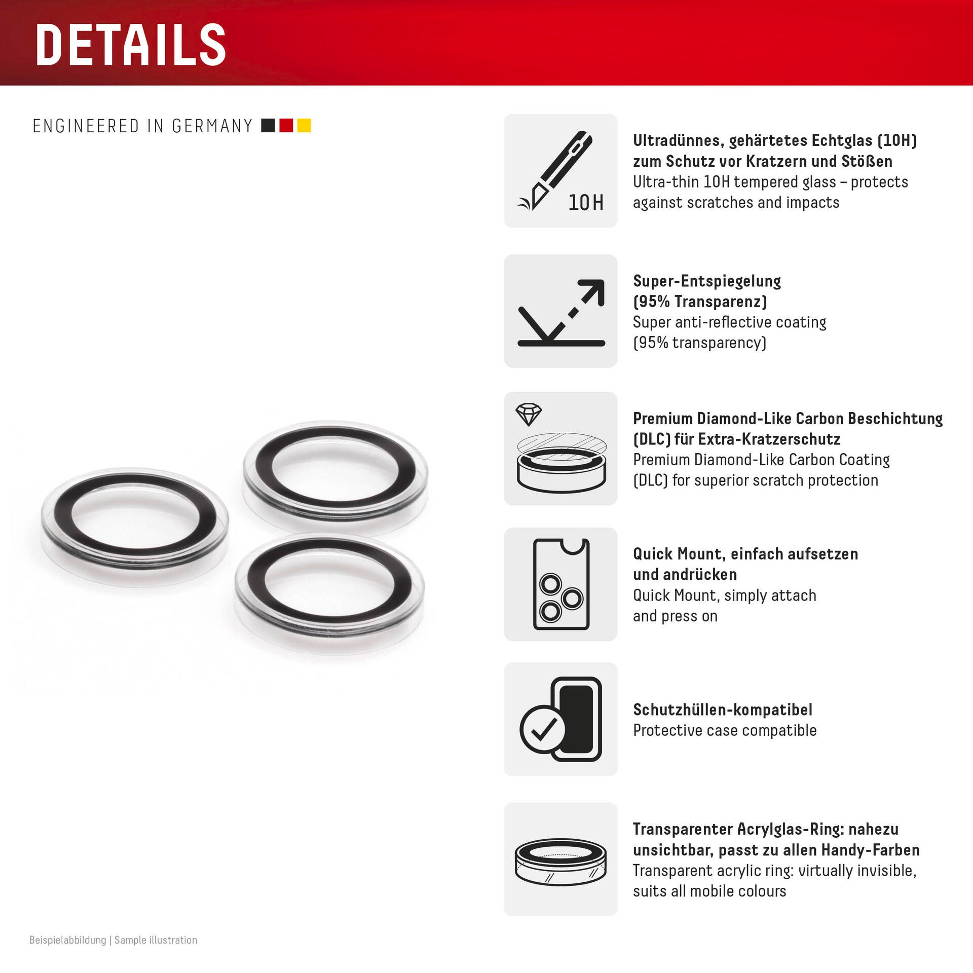 Displex Kameraschutzglas »Camera Lens Glass Single Glass Ring Protector« für Apple iPhone 15 Pro;Apple iPhone 15 Pro Max Packung, 2x Einzellinsen-Schutzringe,  Objektivschutz, Kameraschutz, kratz- & stoßfest