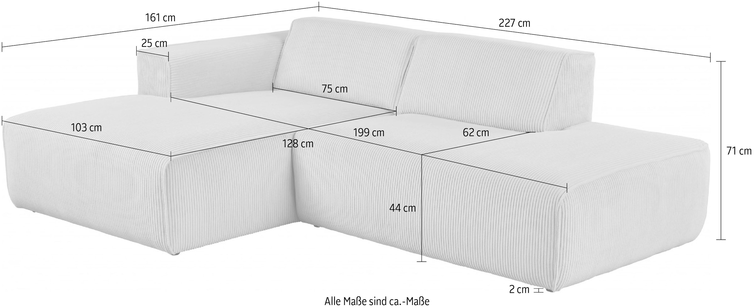 andas Ecksofa »Noord mit Kedernaht, Breite 227 cm«, Cord, Struktur, Webstoff, mit Wellenunterfederung, Massivholzrahmen