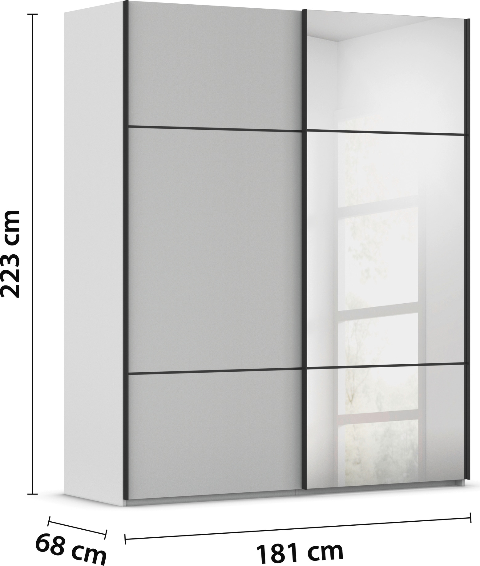 rauch Schwebetürenschrank »Kleiderschrank Schrank Garderobe Schlafzimmerschrank SCALE-TRIO« edle dreigeteilte Front mit 2 Zierleisten und Spiegel MADE IN GERMANY