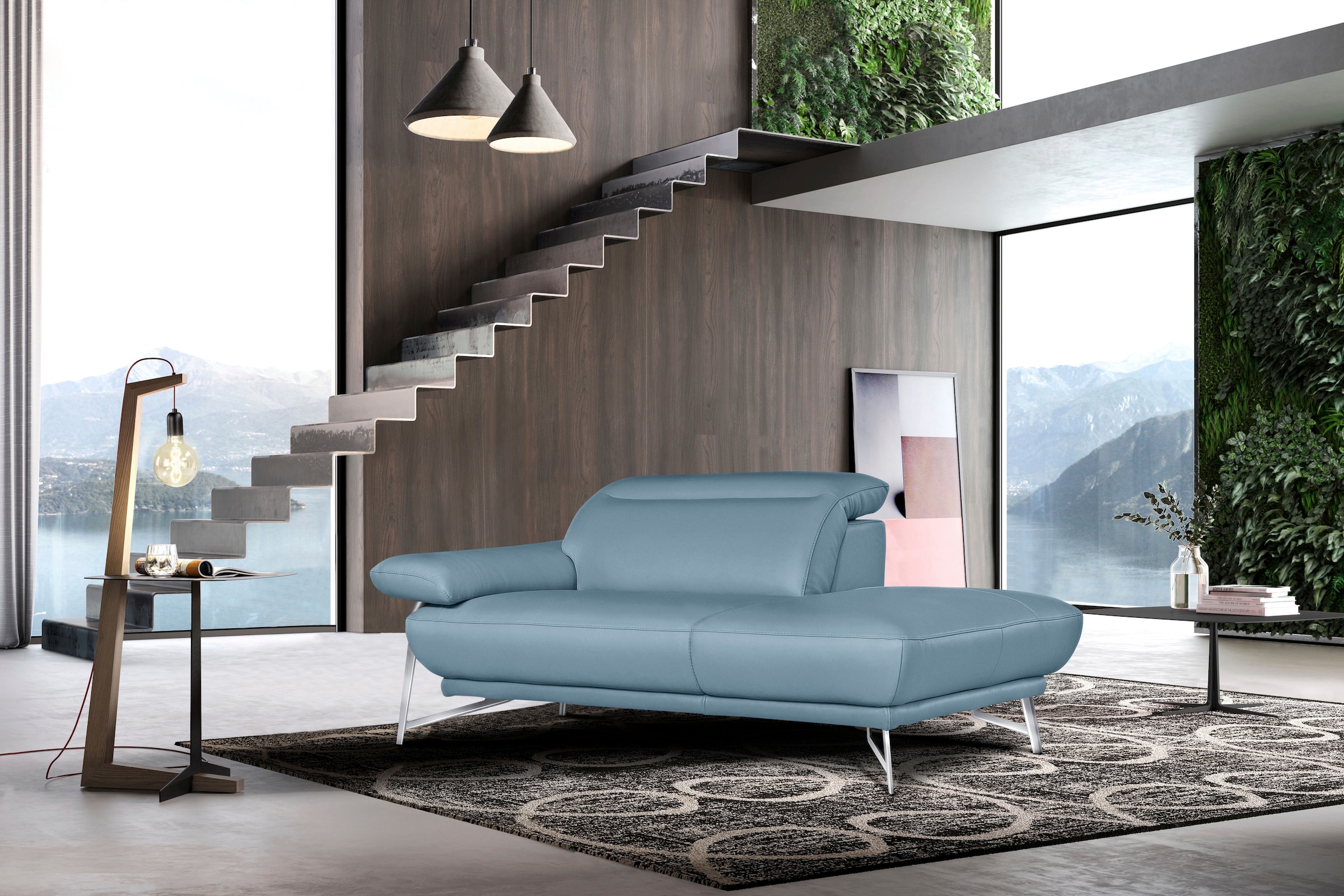 Egoitaliano Sofa »Anais, erstklassiger Sitzkomfort, Fußfarbe chrom«, Set, Kopfteil verstellbar, Leder CAREZZA, himmelblau
