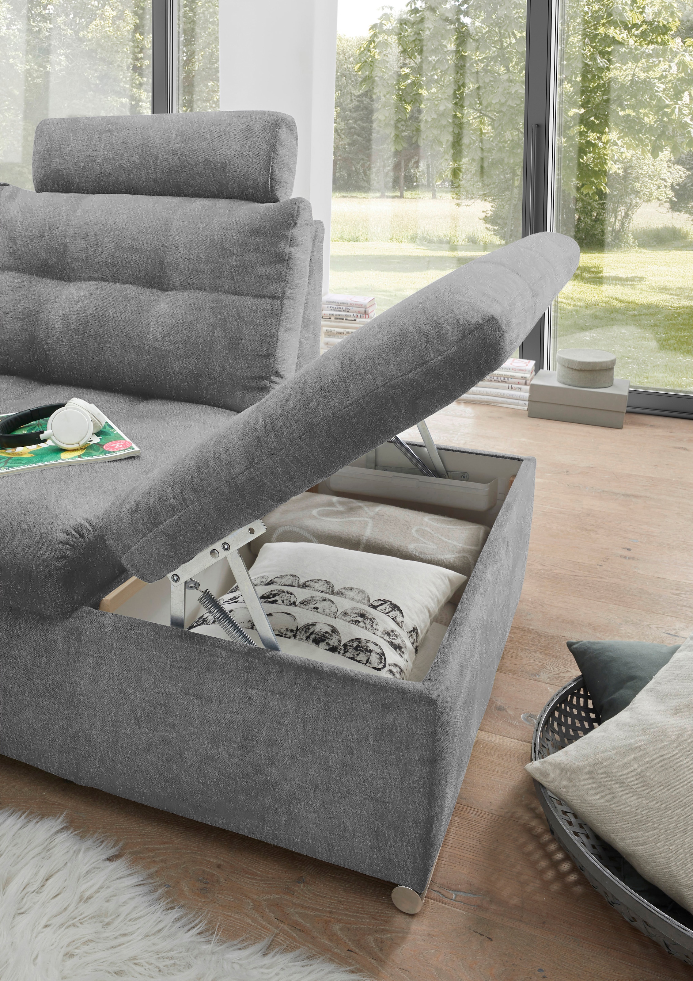 ED EXCITING DESIGN Wohnlandschaft »Nalo U-Form mit Bettfunktion, Bettkasten«, Armteilverstellung, Kopfstützen & 3 Nierenkissen