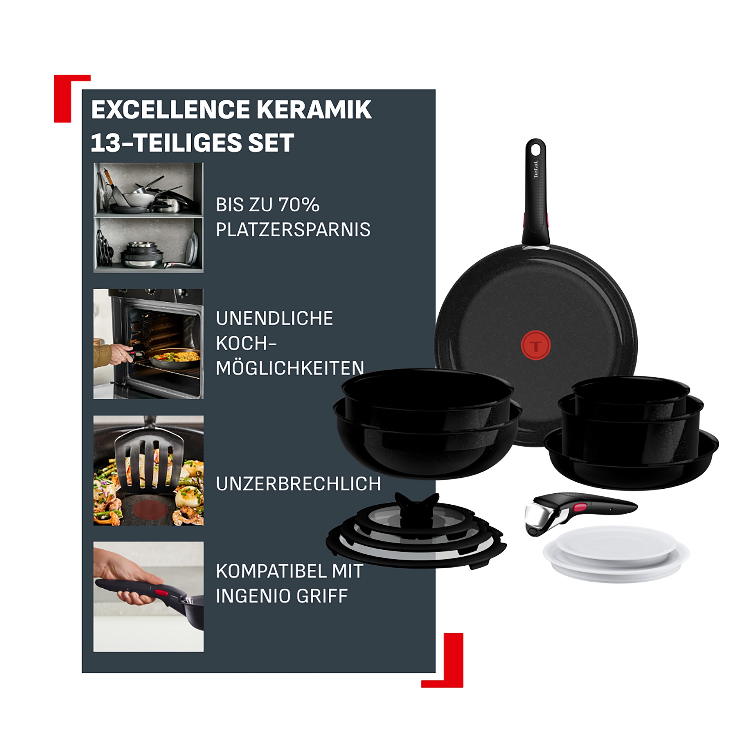 Tefal Pfannen-Set »Ingenio Excellence Keramik« Aluminium Set, 13 tlg. abnehmbarer Ingenio-Griff, Thermo-Signal, stapelbar, Induktion