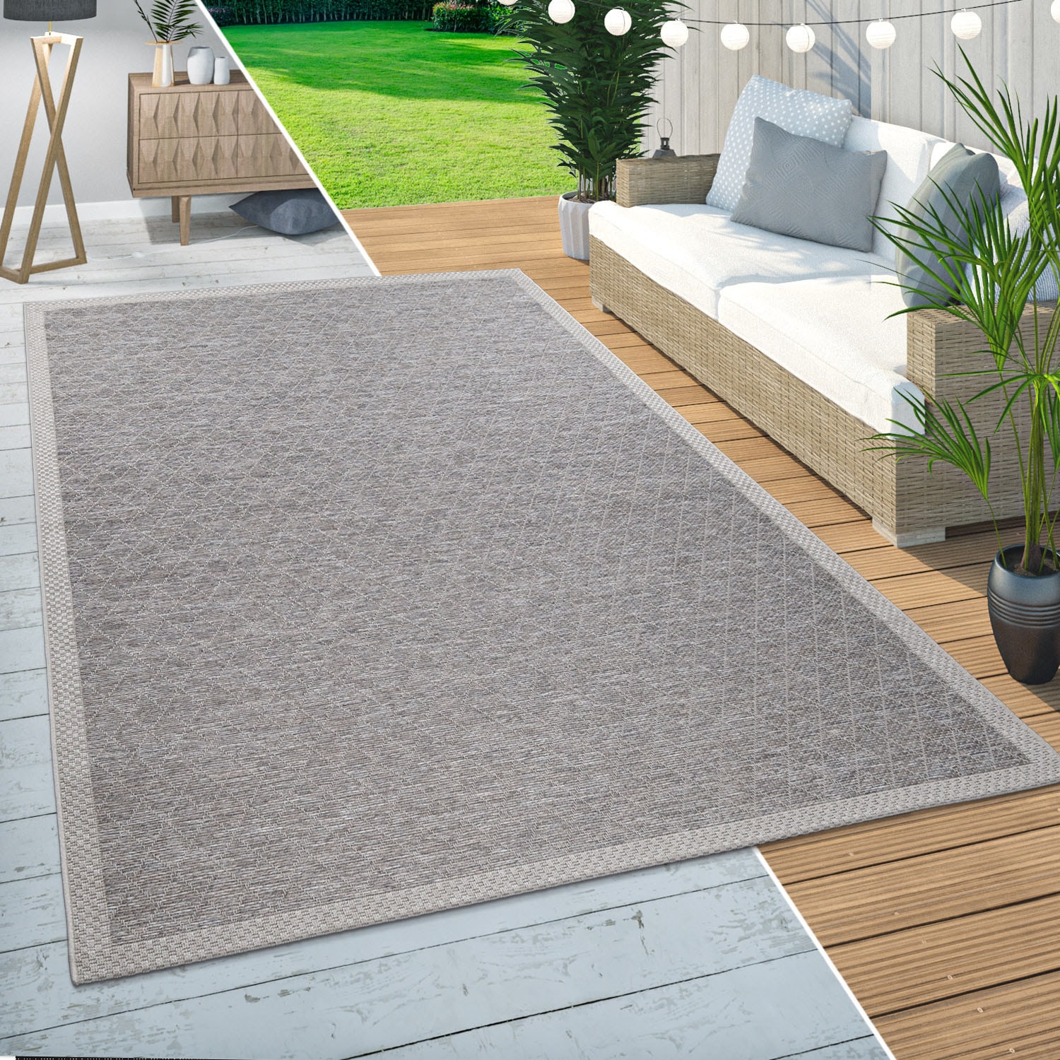 Paco Home Teppich »Vancouver 163«, rund, 4 mm Höhe, Flachgewebe, Rauten Muster, meliert, Bordüre, Outdoor geeignet