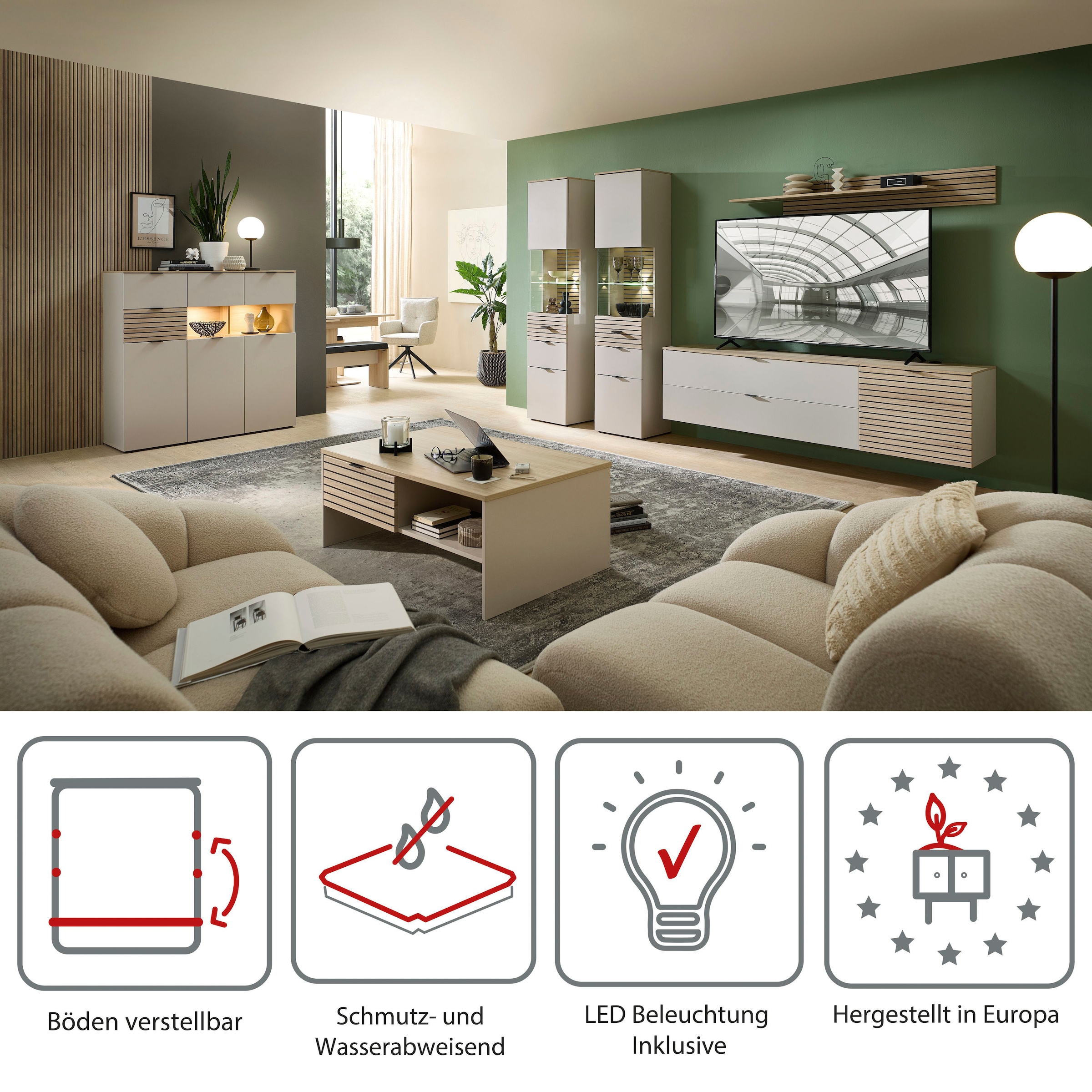 Innostyle Highboard »INA« 1 Stk. tlg. 3 türig, 4 Schubladen, inkl. Beleuchtung, Softclose
