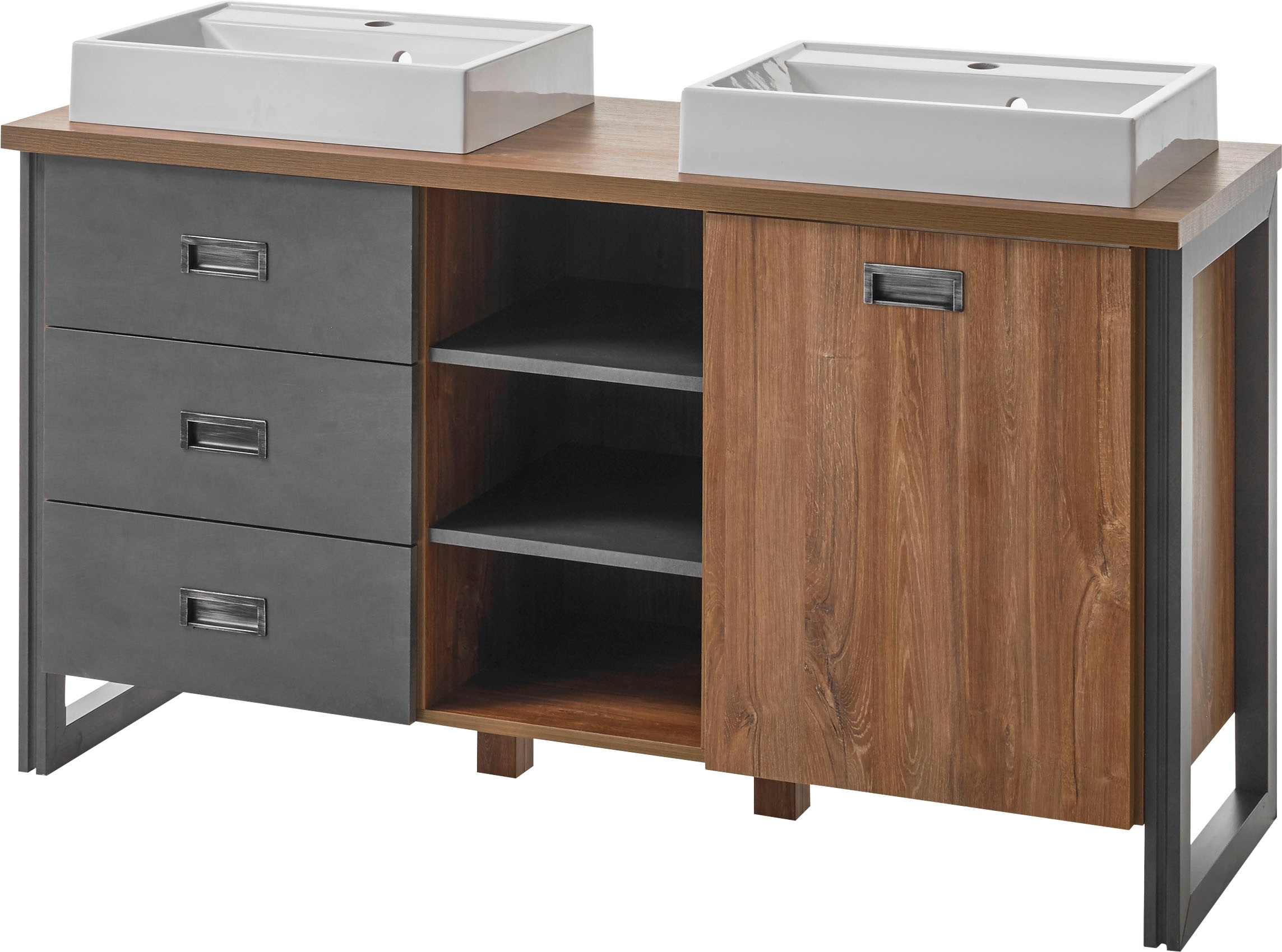 Home affaire Badmöbel-Set »Detroit, Bad im Industrialdesign, inkl. LED, 2-teiliges Badezimmer«, (3 St.), Waschtisch und Spiegel, inkl. zwei Aufsatzwaschbecken aus Mineralguss