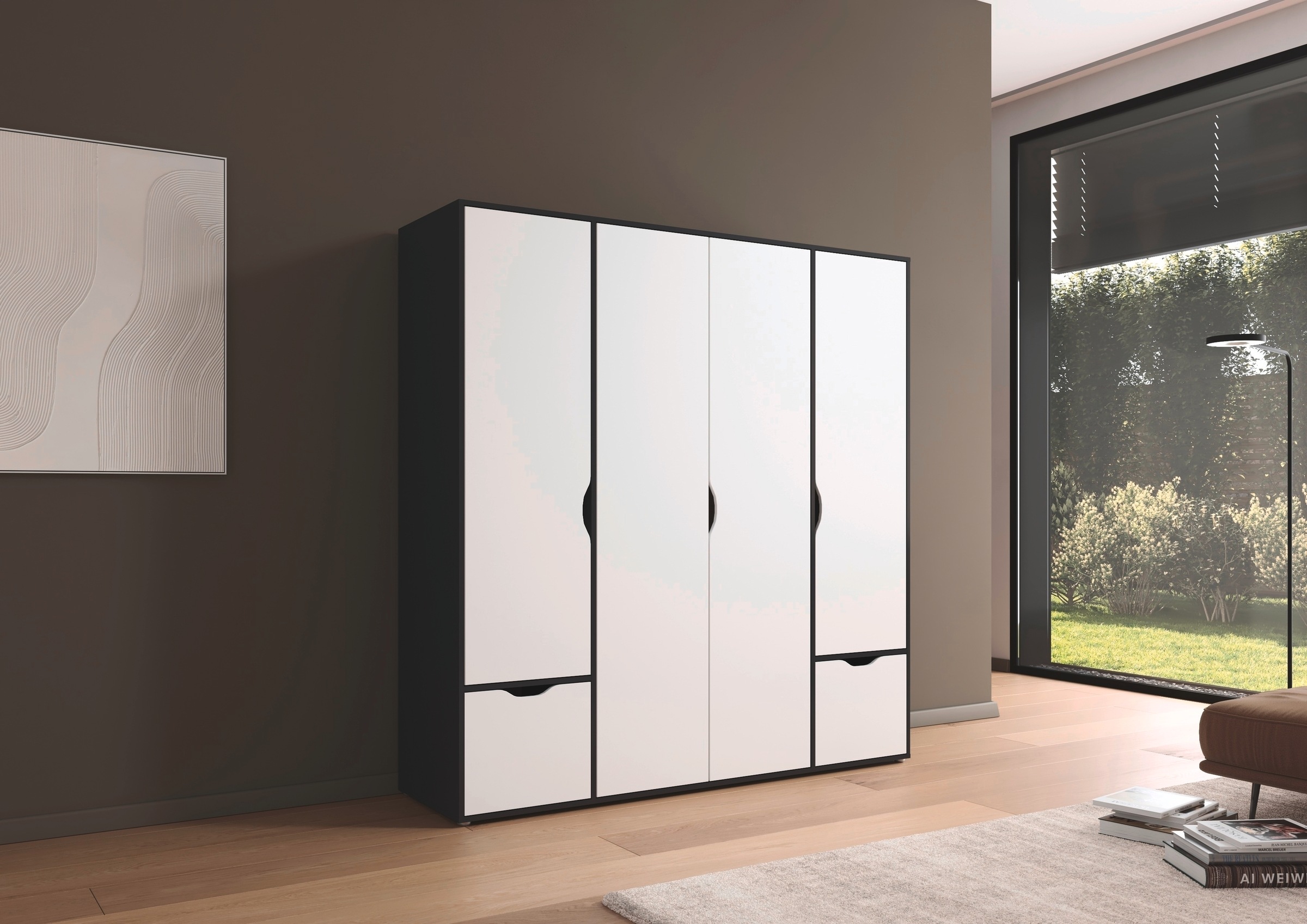 rauch Drehtürenschrank »Kleiderschrank Schrank Garderobe Wäscheschrank NARAI mit Schubladen«, (in 3 verschiedenen Ausstattungen BASIC/CLASSIC/PREMIUM), Griffausfräsungen für eine grifflose Optik TOPSELLER MADE IN GERMANY