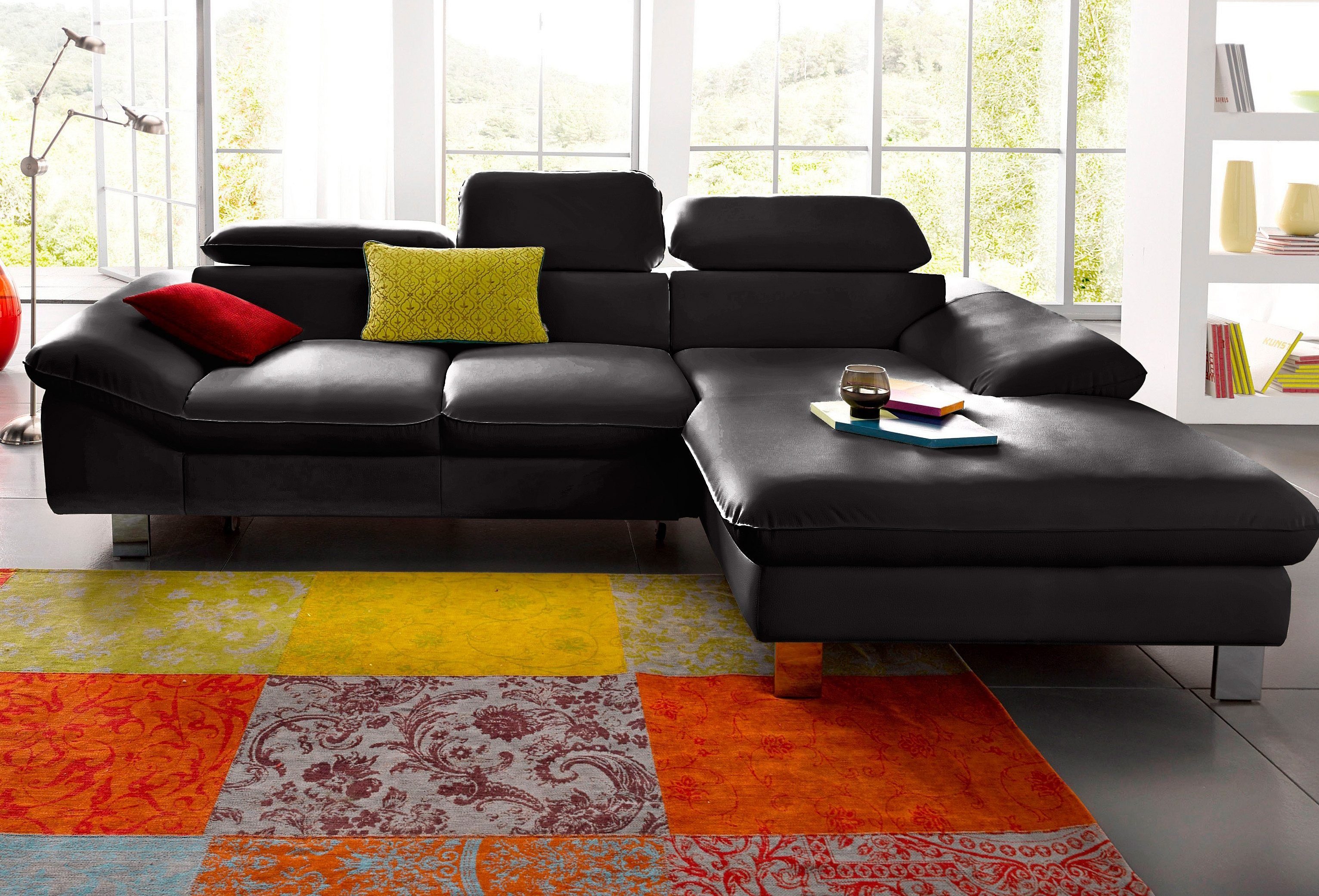 Polstergarnitur, (Set), bestehend aus Ecksofa und Hocker, mit Kopfteilverstellung