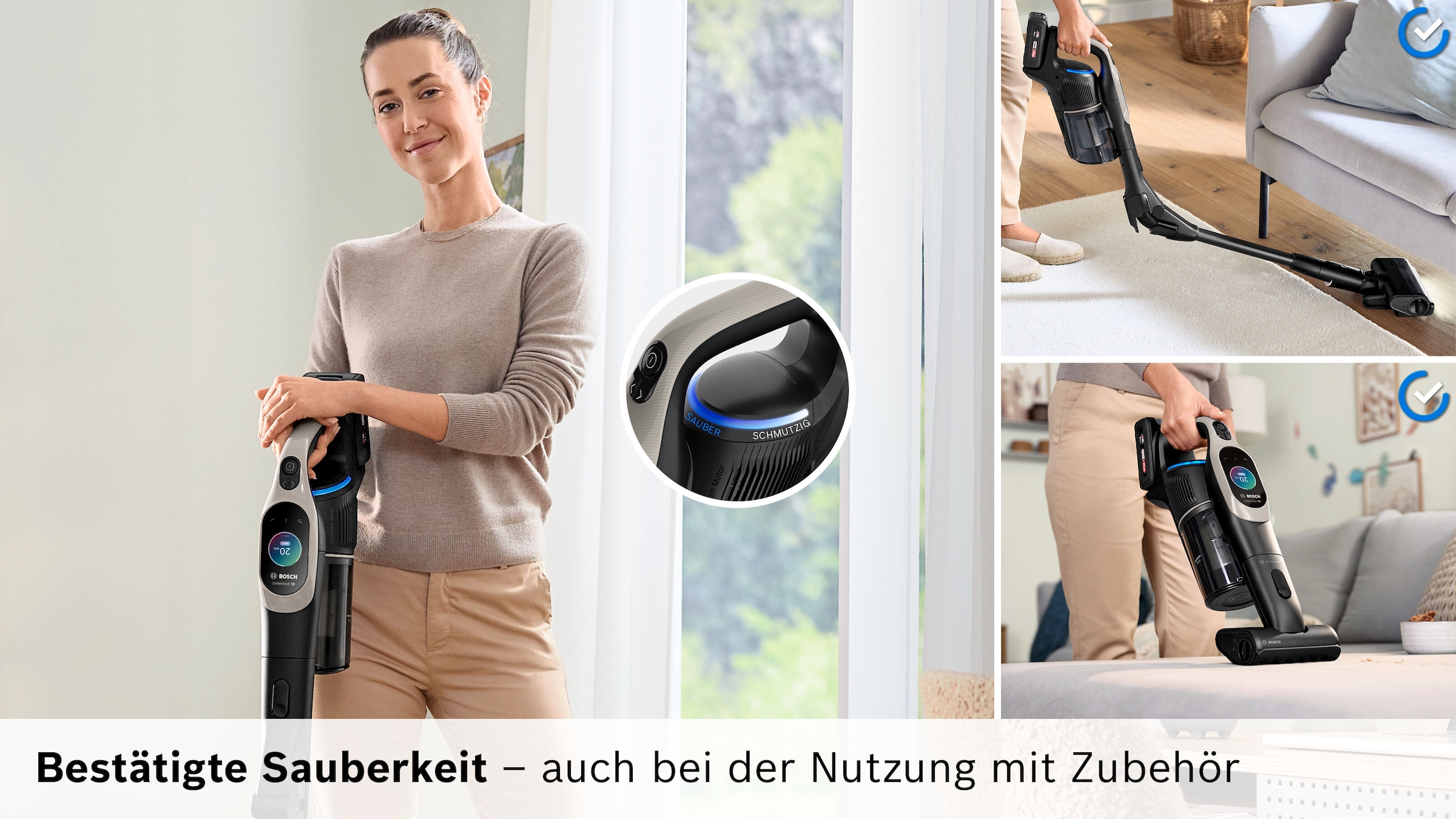 BOSCH Akku-Stielstaubsauger »Unlimited 10 BKS1051GQC, MicroClean™ Technology, Display, Knickrohr«, HEPA-Filtersystem, 10 Jahre Motorgarantie, Schnellladegerät, grau