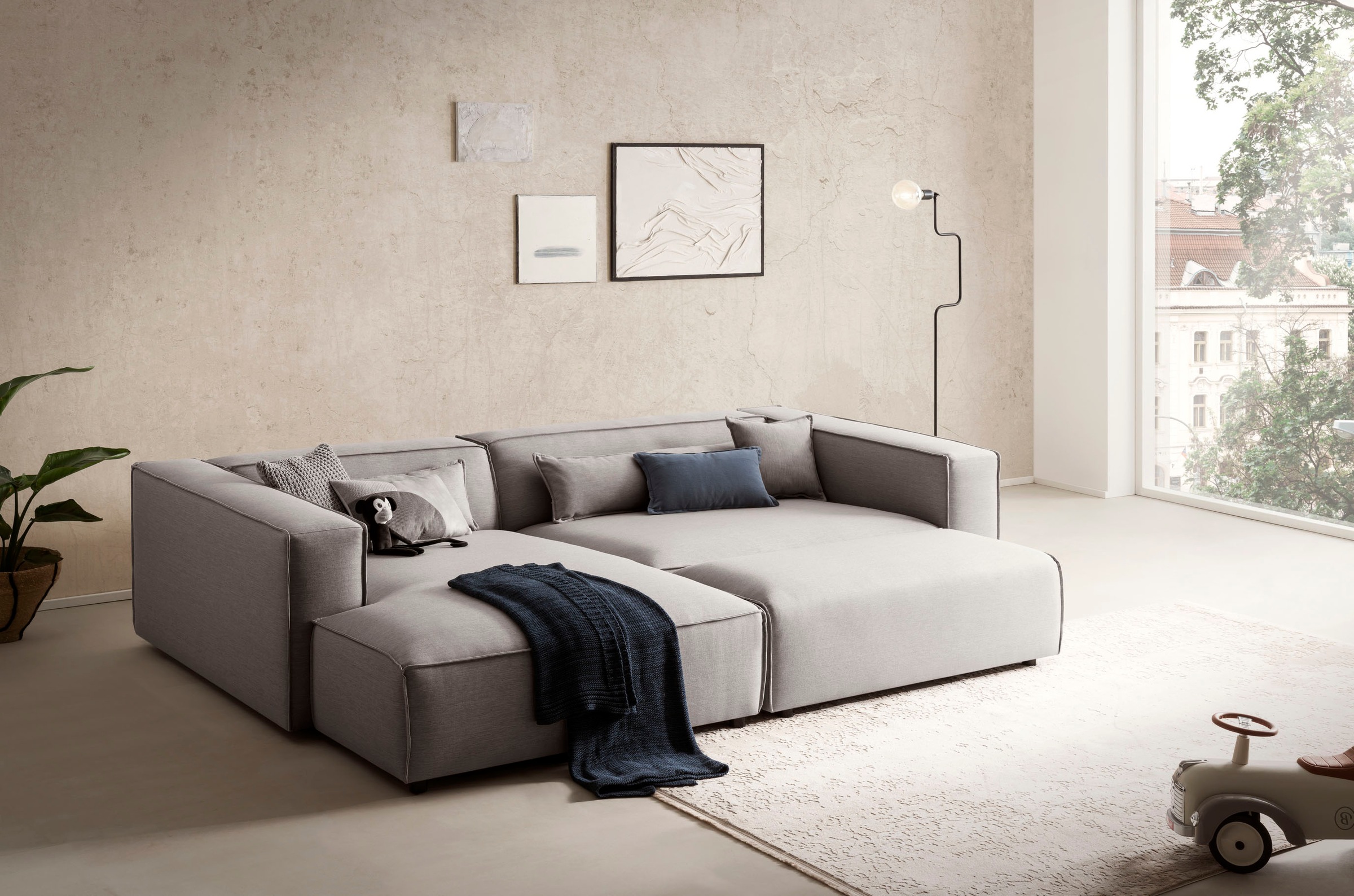 LeGer Home by Lena Gercke Polsterecke »PIARA XXL, L-Form mit Schlaffunktion, Big-Sofa in Cord o. Leinenoptik«, Hocker stellbar zum Schlafsofa (Krokodilverbinder), tiefe Sitzfläche