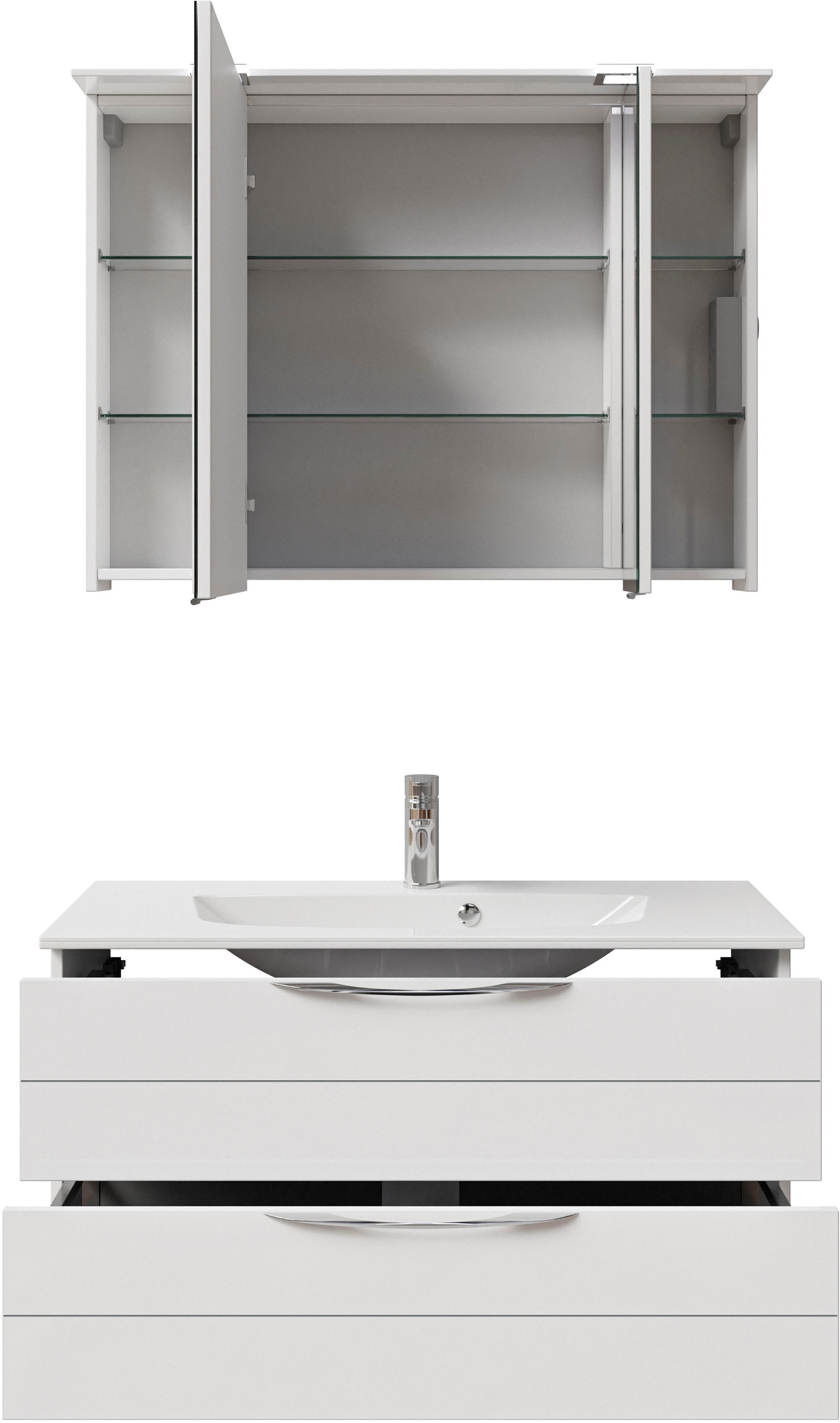 Saphir Badmöbel-Set »Serie 6025 2-teilig Mineralmarmor-Waschtisch mit LED-Spiegelschrank«, (2 St.), Waschplatz 97 cm breit, 2 Schubladen, 3 Spiegel-Türen, inkl Türdämpfer